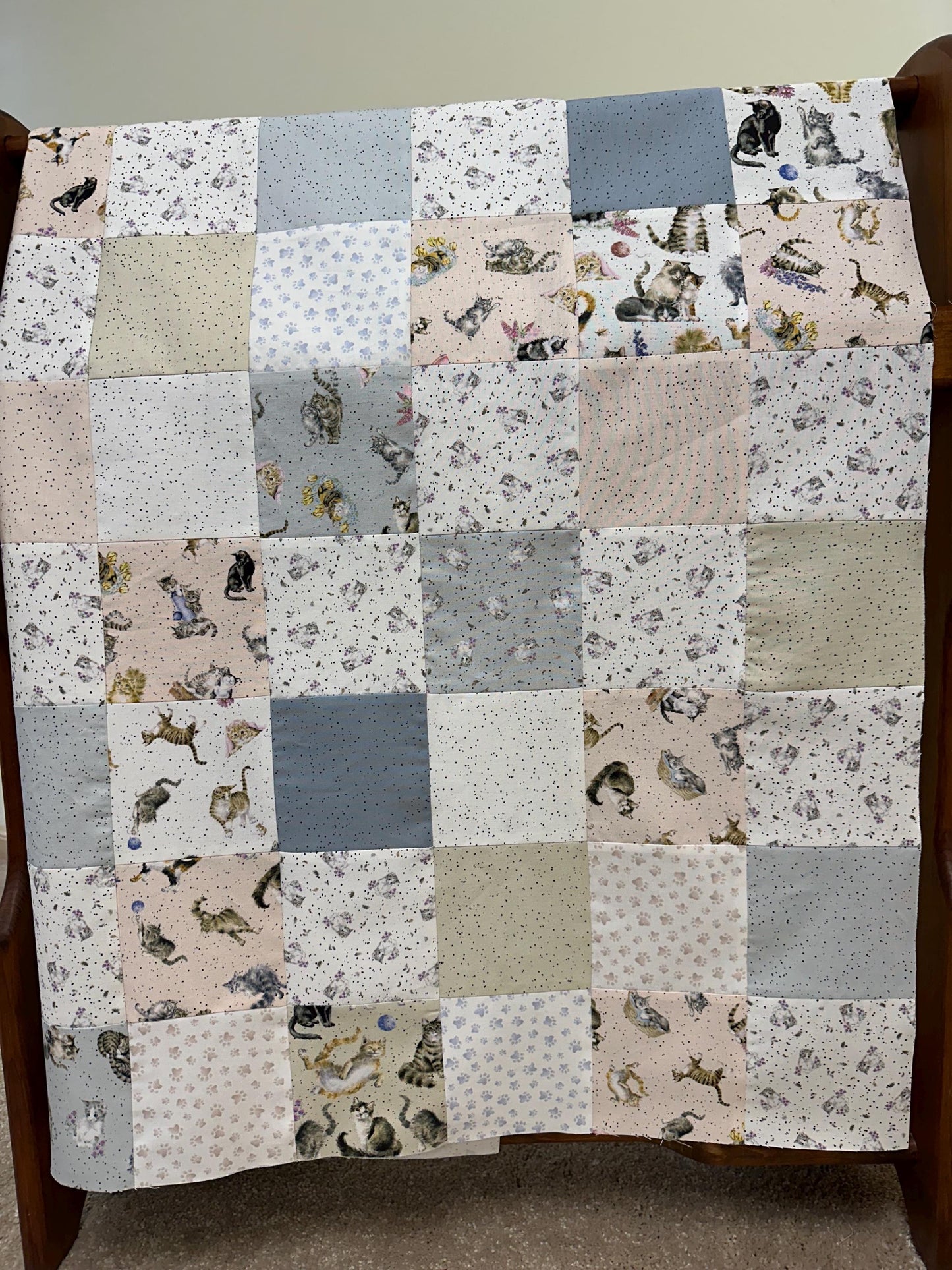 Unfinished Quilt Top: Cats Whiskers & Paws, Handmade, Modern Nursery Decor 36x44