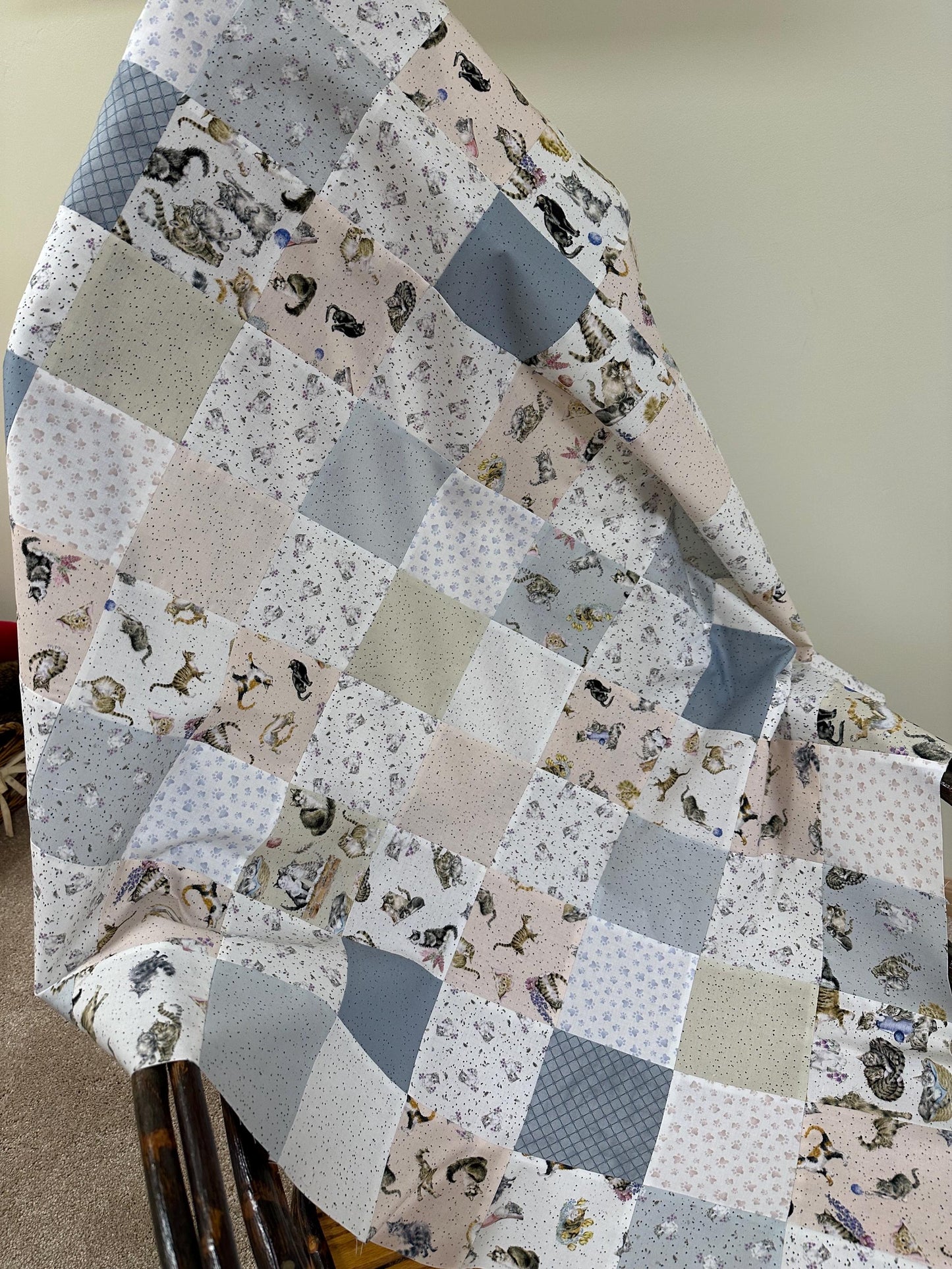 Unfinished Quilt Top: Cats Whiskers & Paws, Handmade, Modern Nursery Decor 36x44