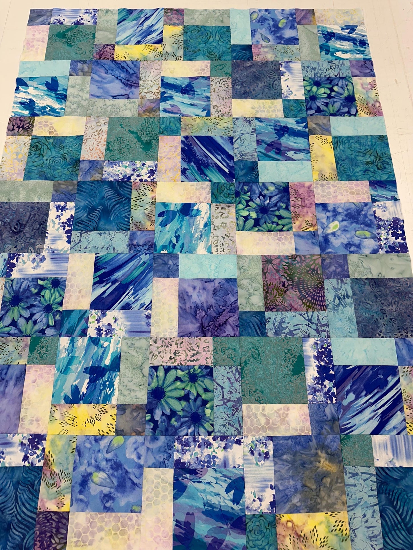 Blue Purple Batik Unfinished Quilt Top 33x45 Handmade Crib Lap Patchwork Cotton