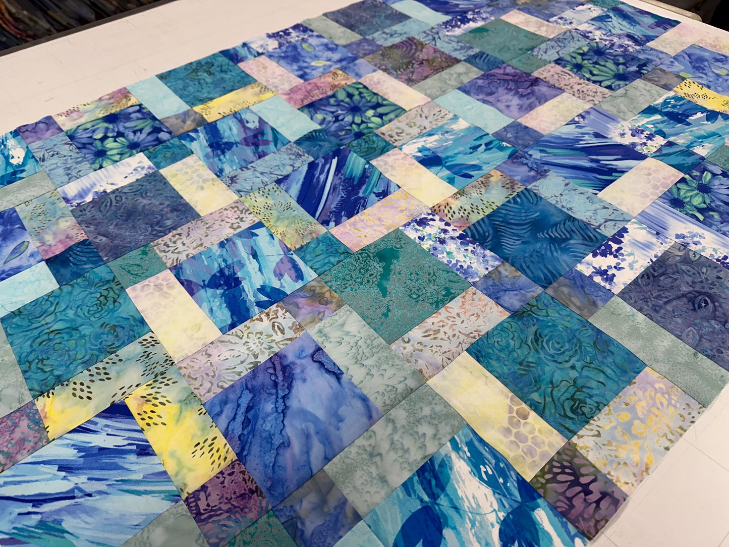 Blue Purple Batik Unfinished Quilt Top 33x45 Handmade Crib Lap Patchwork Cotton