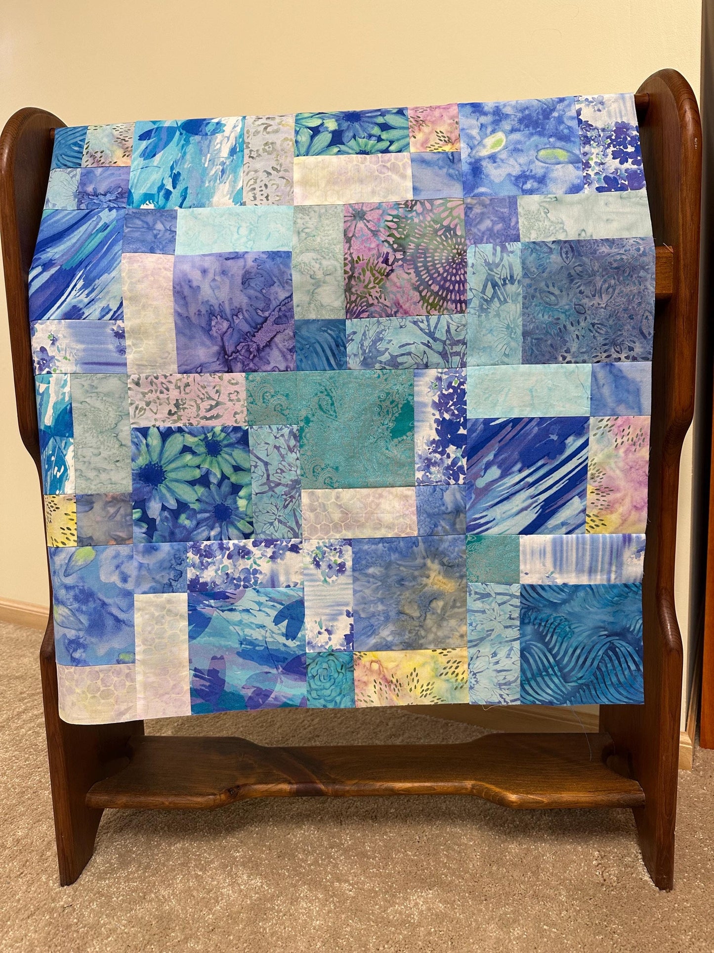 Blue Purple Batik Unfinished Quilt Top 33x45 Handmade Crib Lap Patchwork Cotton
