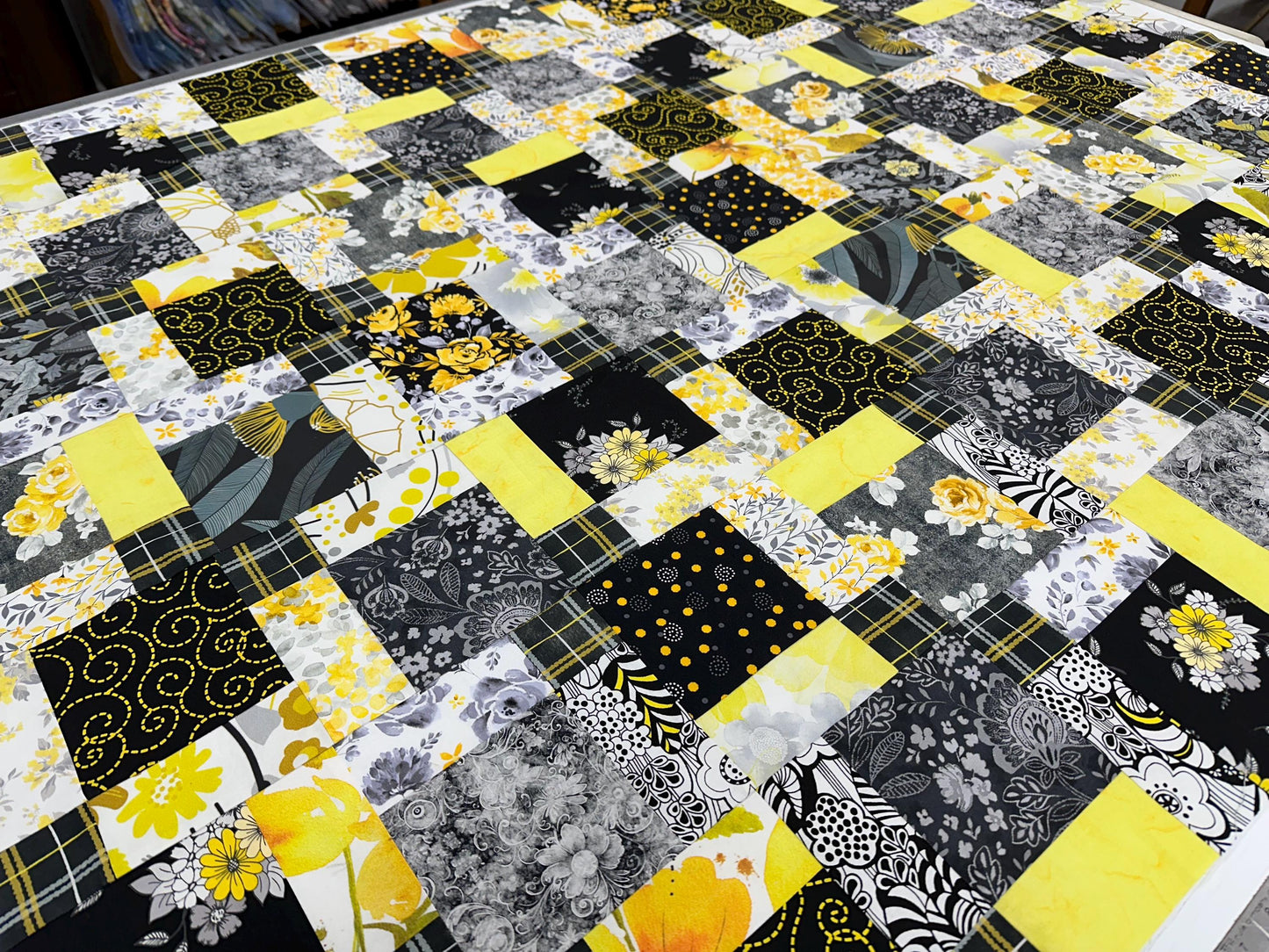 Handmade Black Gray Yellow Floral Unfinished Quilt Top: Lap Quilt (45" x 58")