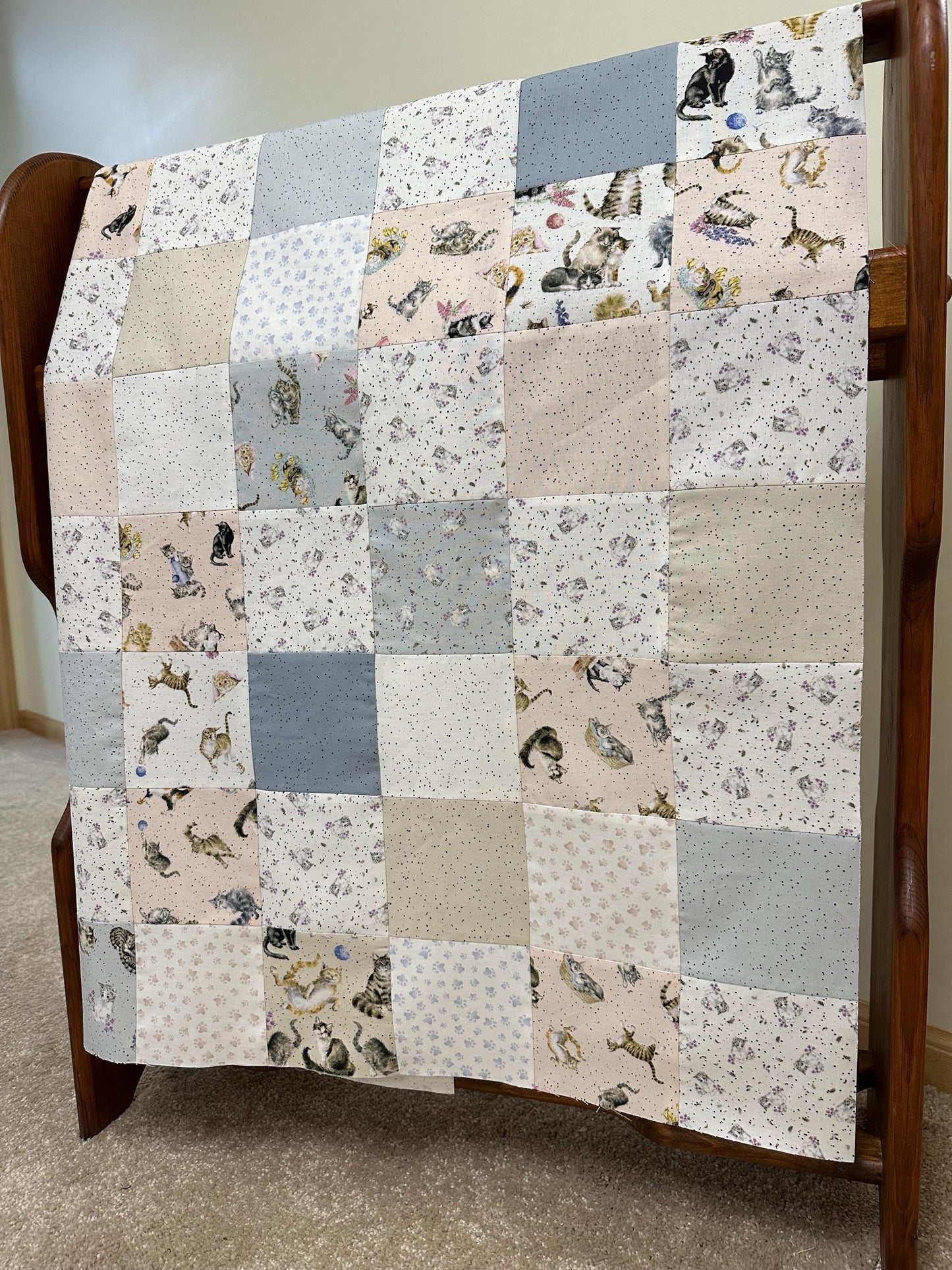 Unfinished Quilt Top: Cats Whiskers & Paws, Handmade, Modern Nursery Decor 36x44
