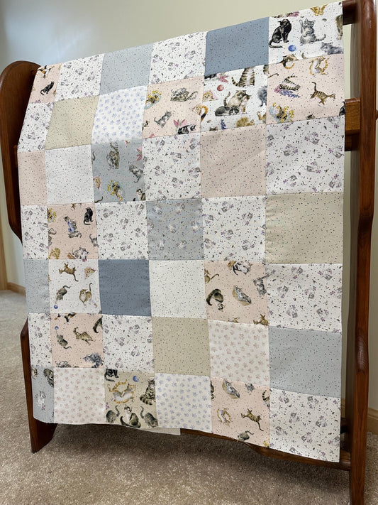 Unfinished Quilt Top: Cats Whiskers & Paws, Handmade, Modern Nursery Decor 36x44