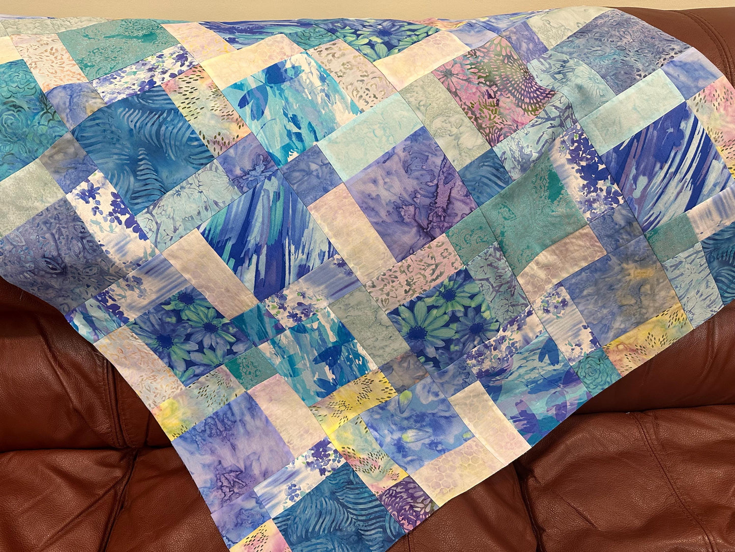 Blue Purple Batik Unfinished Quilt Top 33x45 Handmade Crib Lap Patchwork Cotton