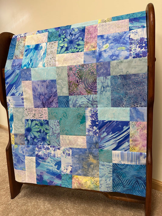 Blue Purple Batik Unfinished Quilt Top 33x45 Handmade Crib Lap Patchwork Cotton