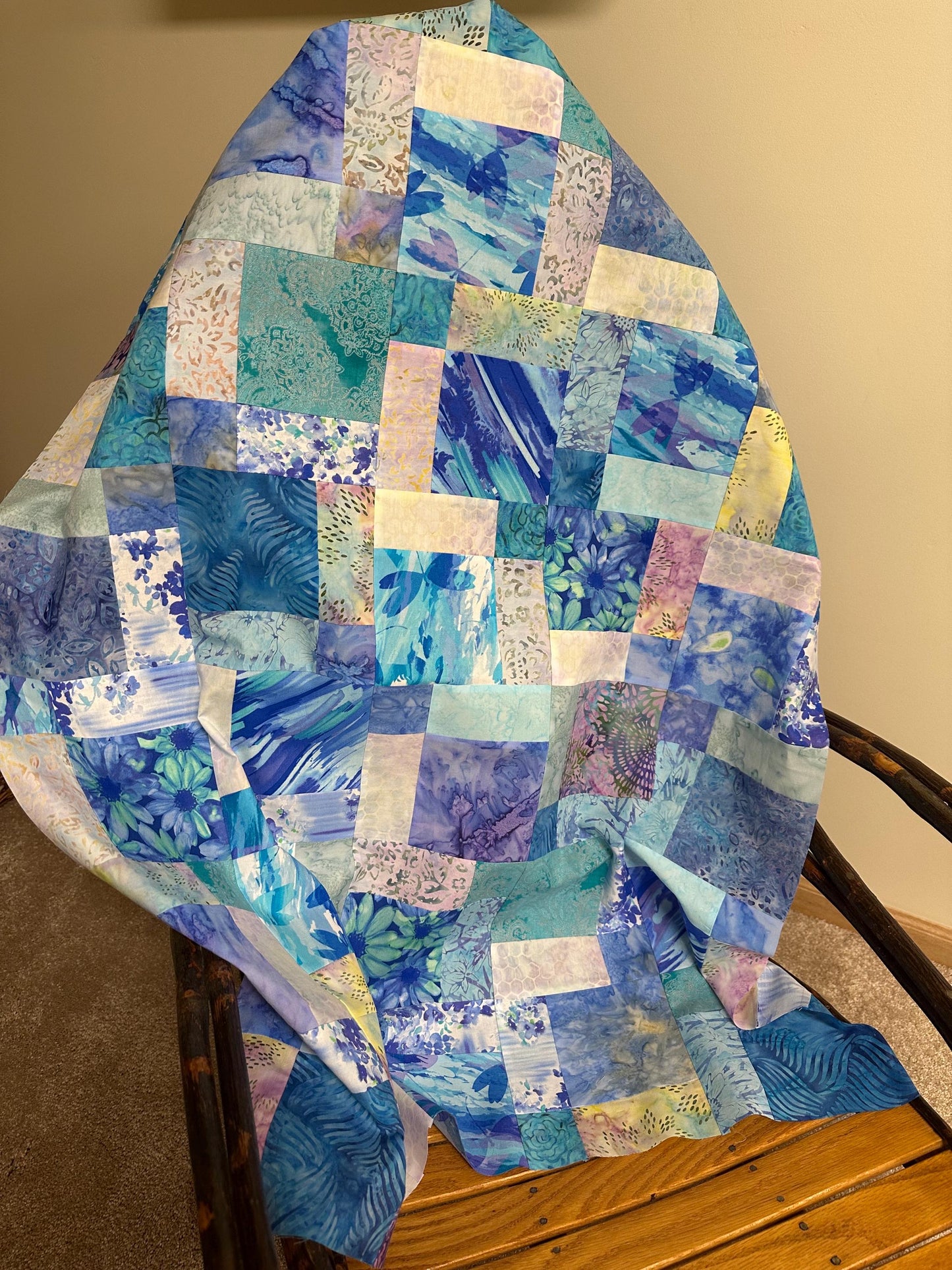 Blue Purple Batik Unfinished Quilt Top 33x45 Handmade Crib Lap Patchwork Cotton