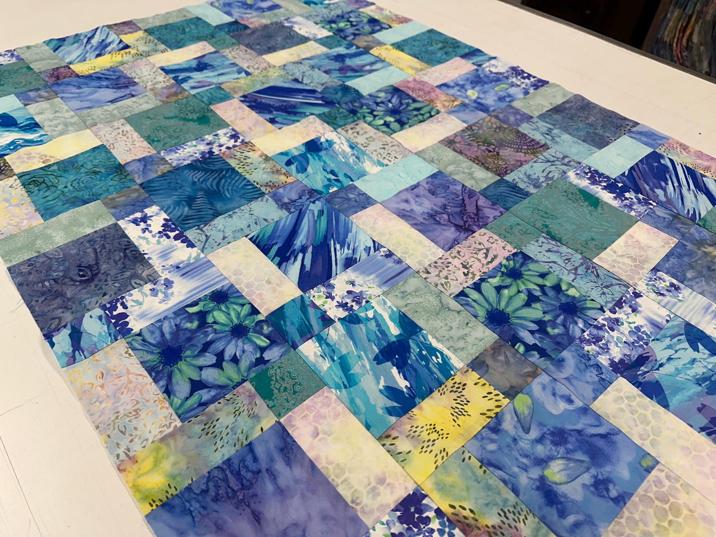 Blue Purple Batik Unfinished Quilt Top 33x45 Handmade Crib Lap Patchwork Cotton