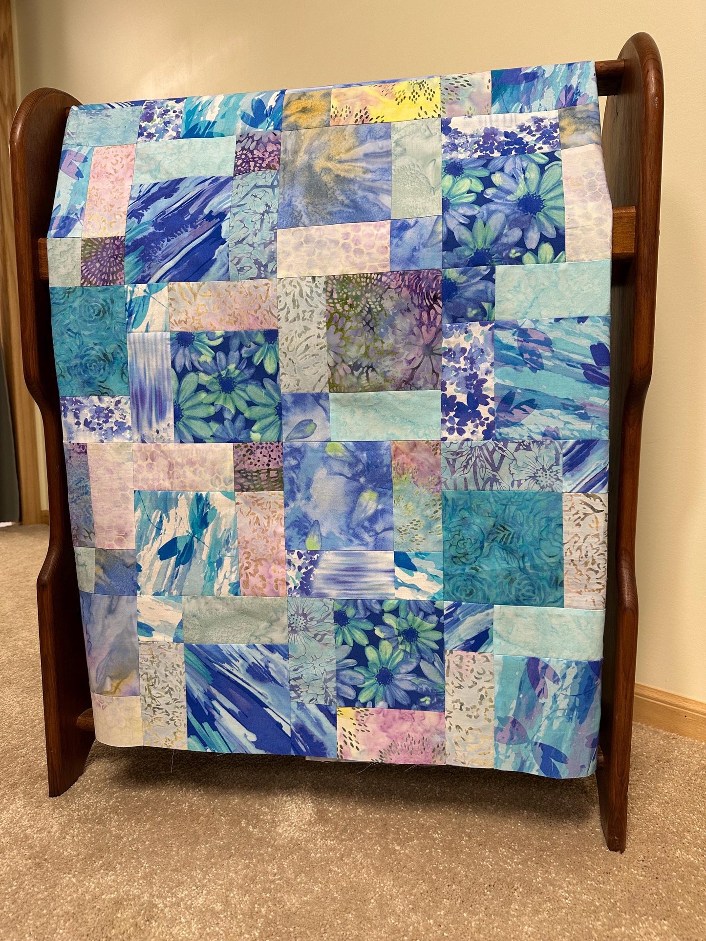 Blue Purple Batik Unfinished Quilt Top 45x58 Handmade Sofa Throw Lap Patchwork Cotton