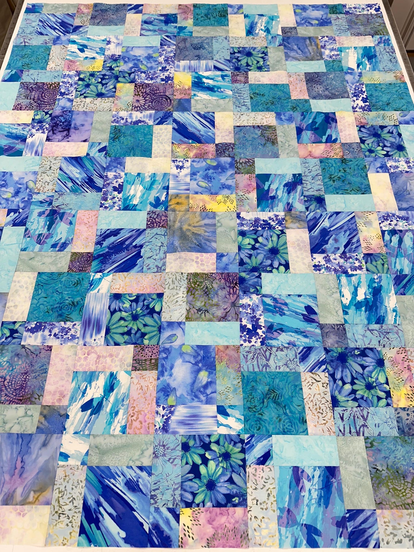 Blue Purple Batik Unfinished Quilt Top 45x58 Handmade Sofa Throw Lap Patchwork Cotton