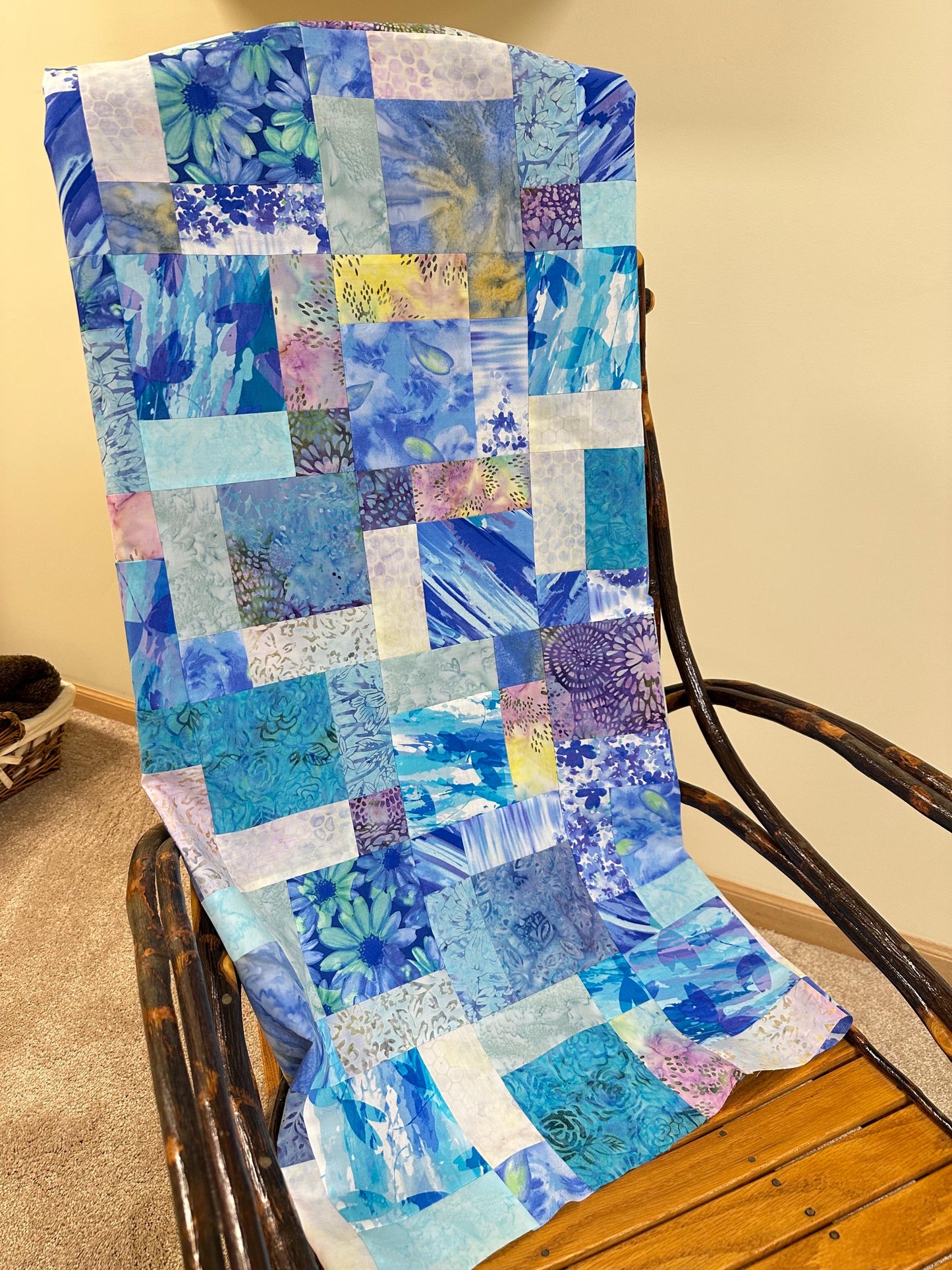 Blue Purple Batik Unfinished Quilt Top 45x58 Handmade Sofa Throw Lap Patchwork Cotton