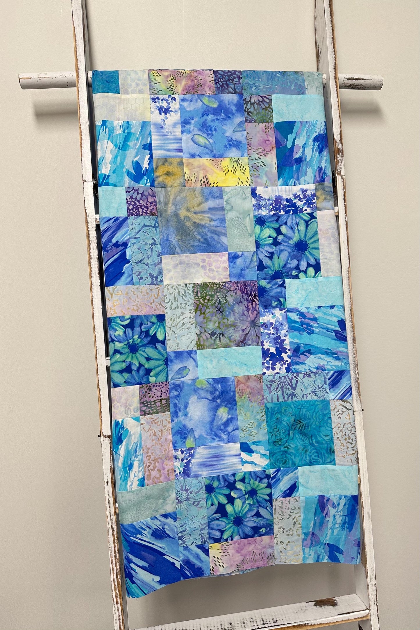Blue Purple Batik Unfinished Quilt Top 45x58 Handmade Sofa Throw Lap Patchwork Cotton