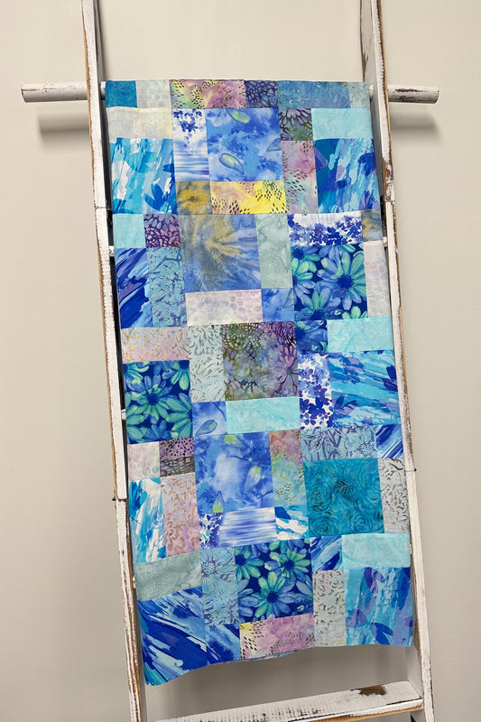 Blue Purple Batik Unfinished Quilt Top 45x58 Handmade Sofa Throw Lap Patchwork Cotton