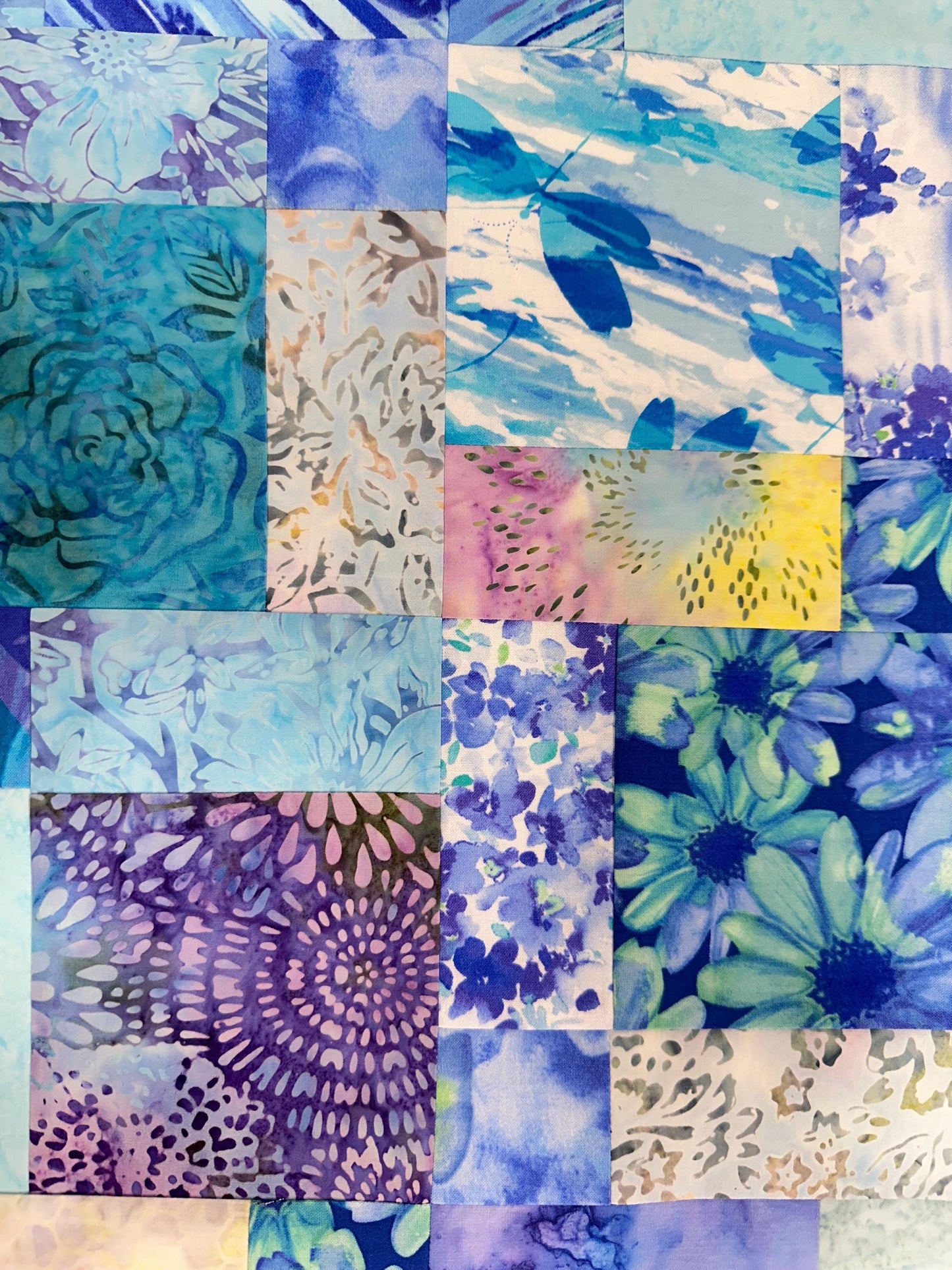Blue Purple Batik Unfinished Quilt Top 45x58 Handmade Sofa Throw Lap Patchwork Cotton