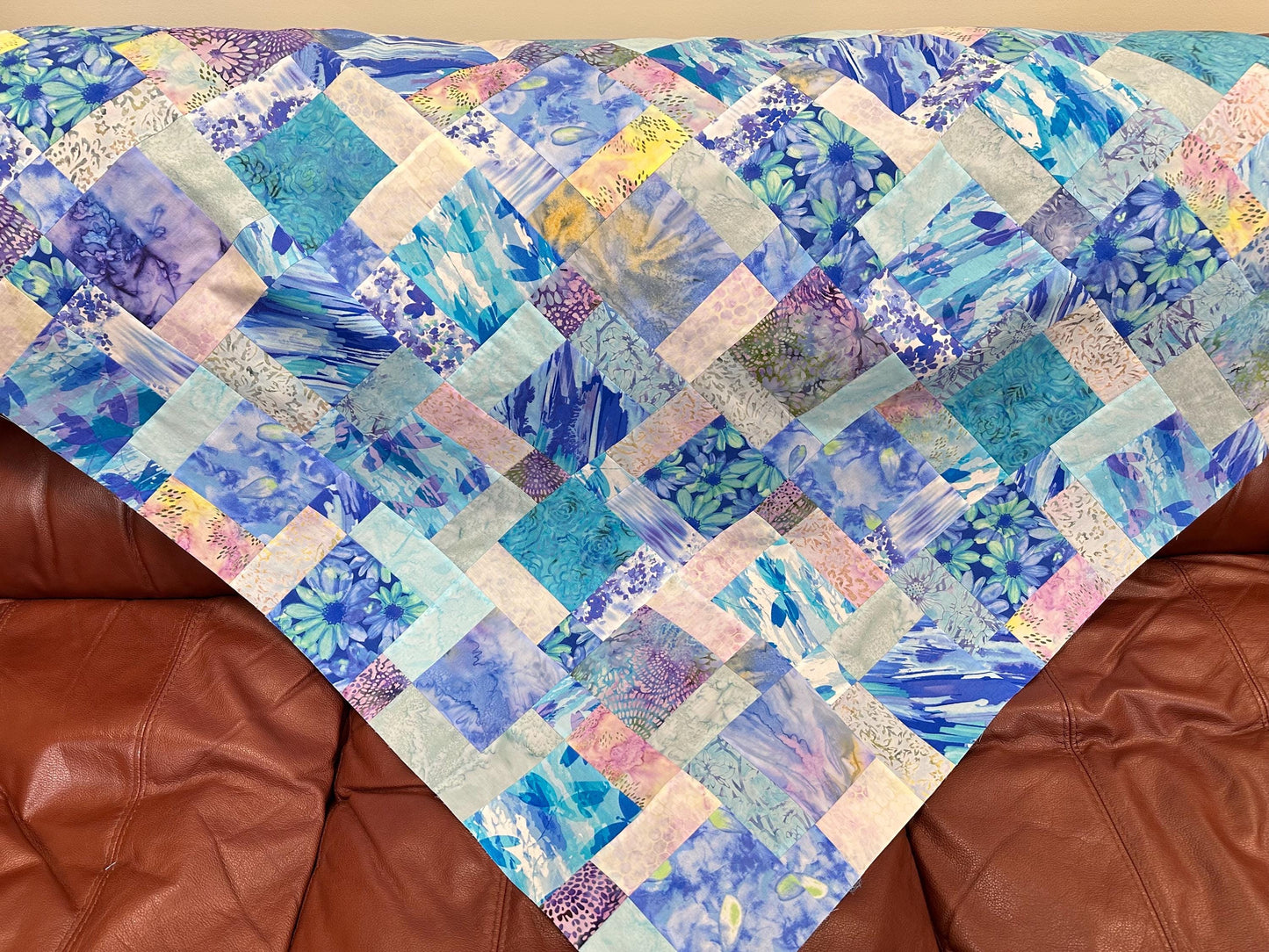 Blue Purple Batik Unfinished Quilt Top 45x58 Handmade Sofa Throw Lap Patchwork Cotton