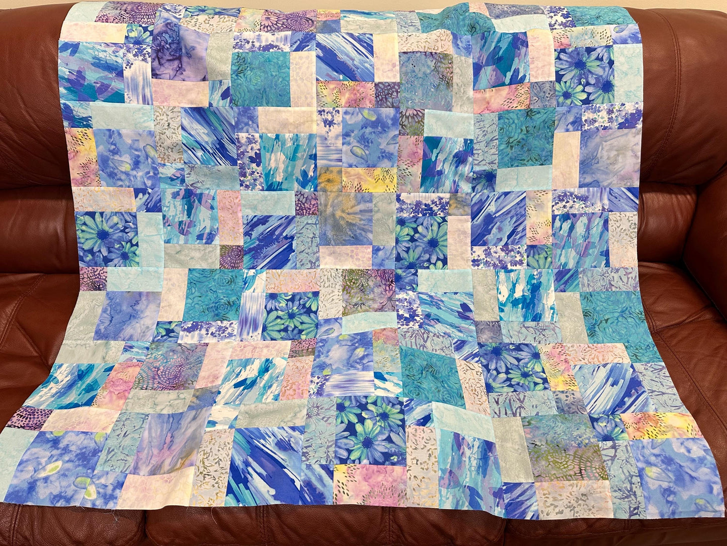 Blue Purple Batik Unfinished Quilt Top 45x58 Handmade Sofa Throw Lap Patchwork Cotton
