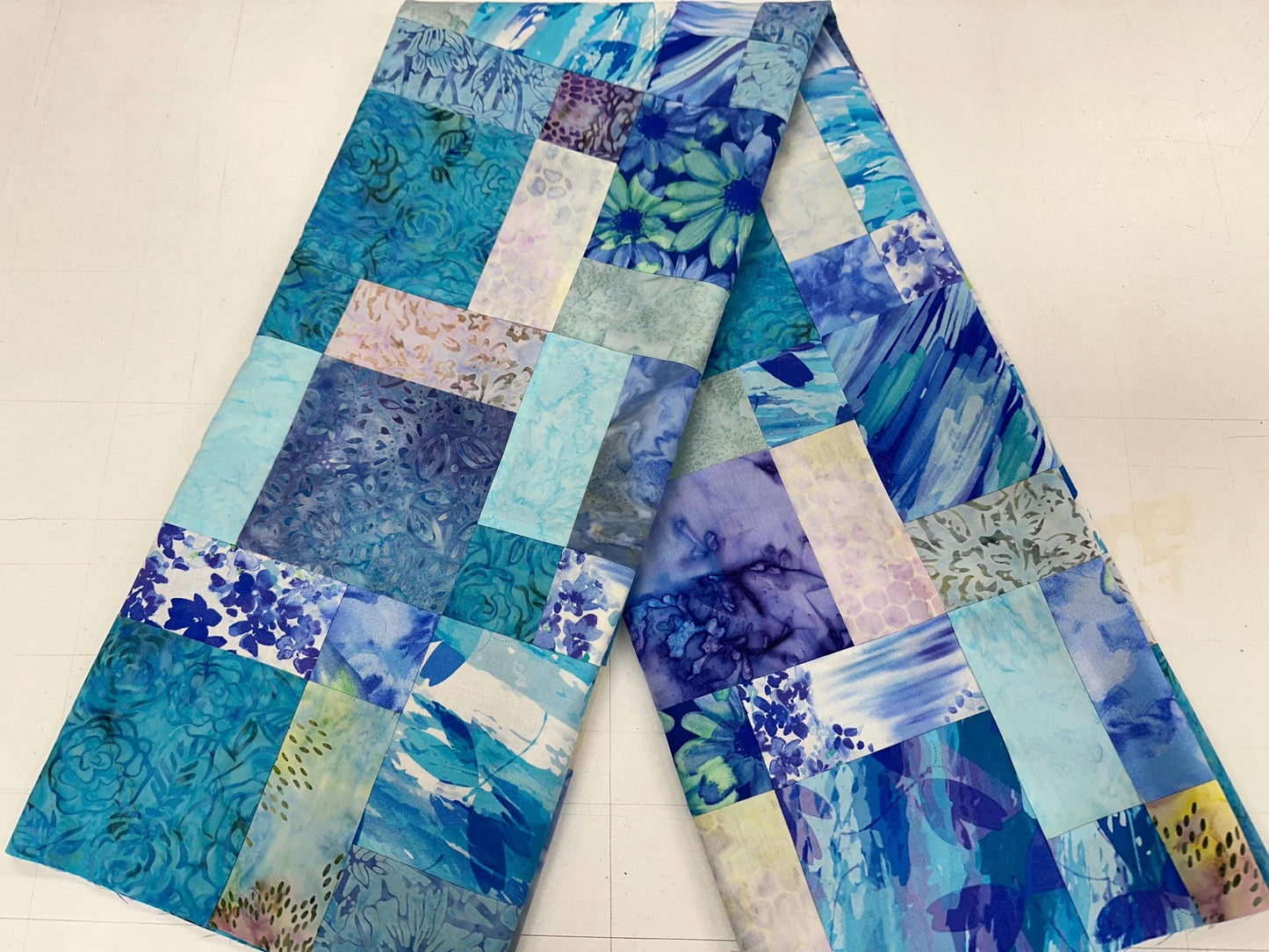 Blue Purple Batik Unfinished Quilt Top 45x58 Handmade Sofa Throw Lap Patchwork Cotton