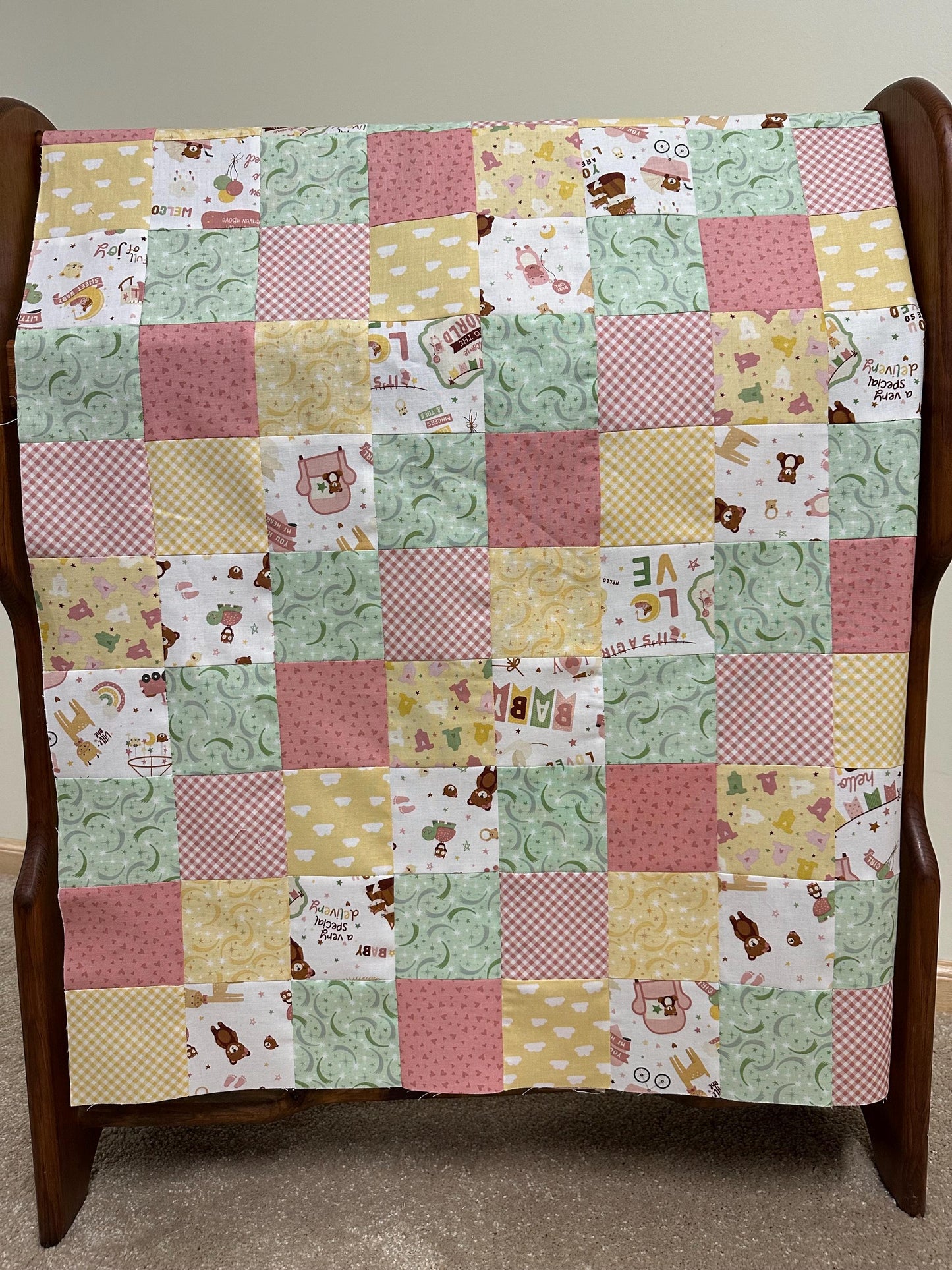 Handmade Baby Girl Quilt Top  Unfinished Patchwork Nursery Quilt  36" x 45"