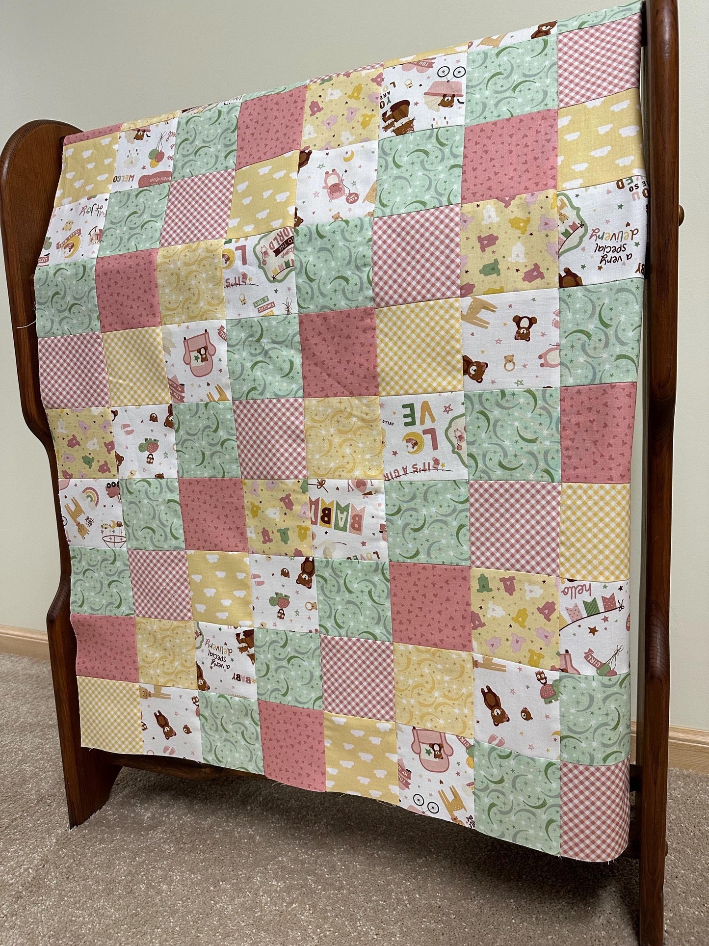 Handmade Baby Girl Quilt Top  Unfinished Patchwork Nursery Quilt  36" x 45"