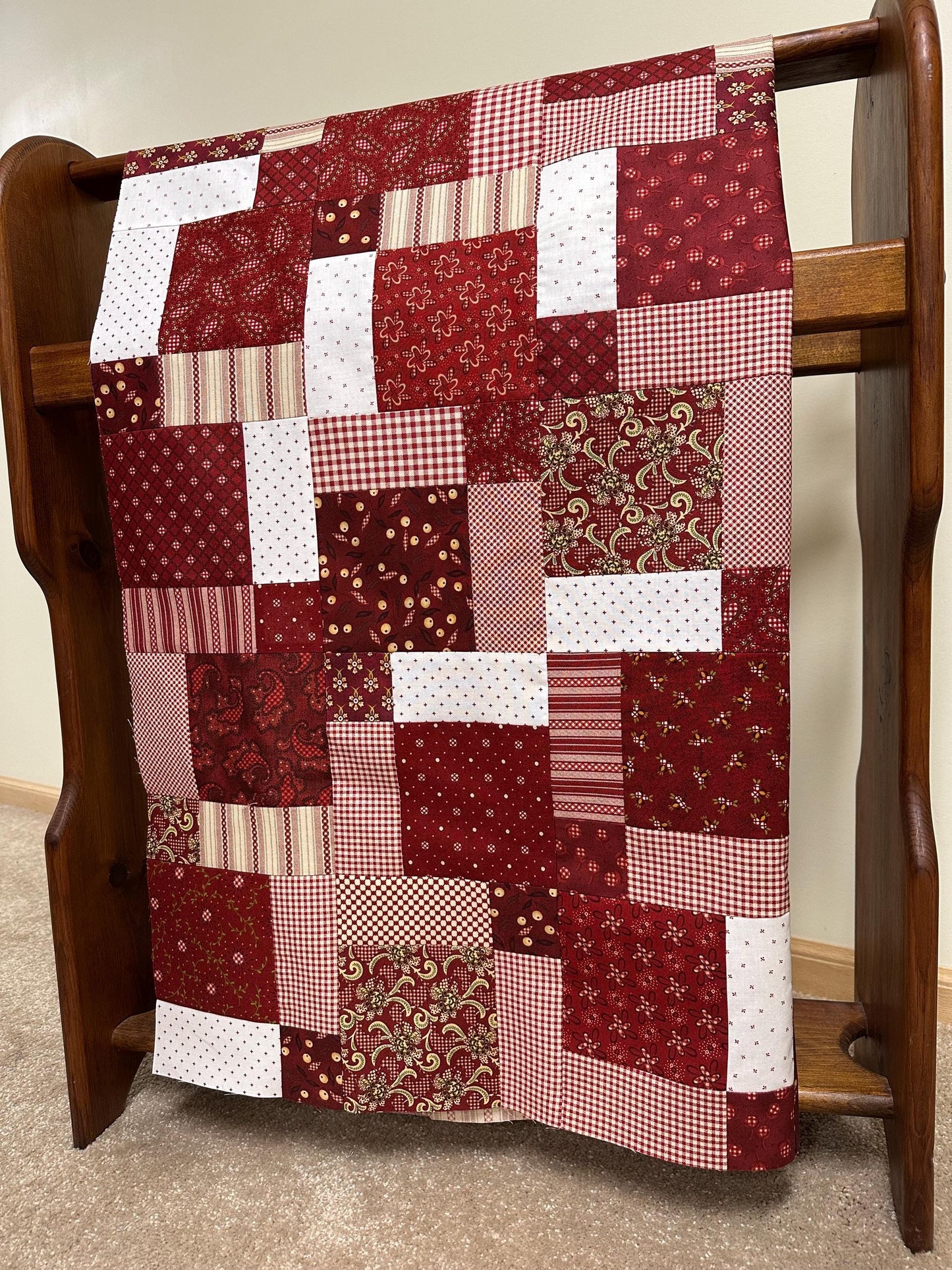 Handmade Garnets & Gingham Quilt Top  33" x 45" Lap / Crib Size  Kim Diehl Fabric