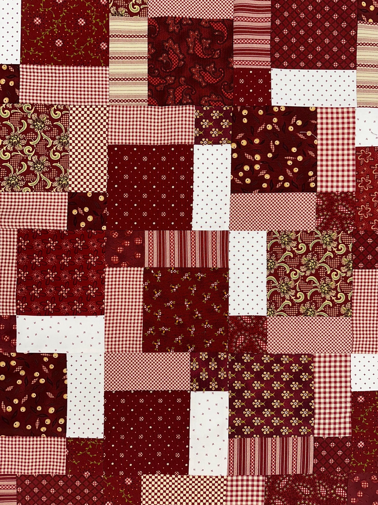 Handmade Garnets & Gingham Quilt Top  33" x 45" Lap / Crib Size  Kim Diehl Fabric