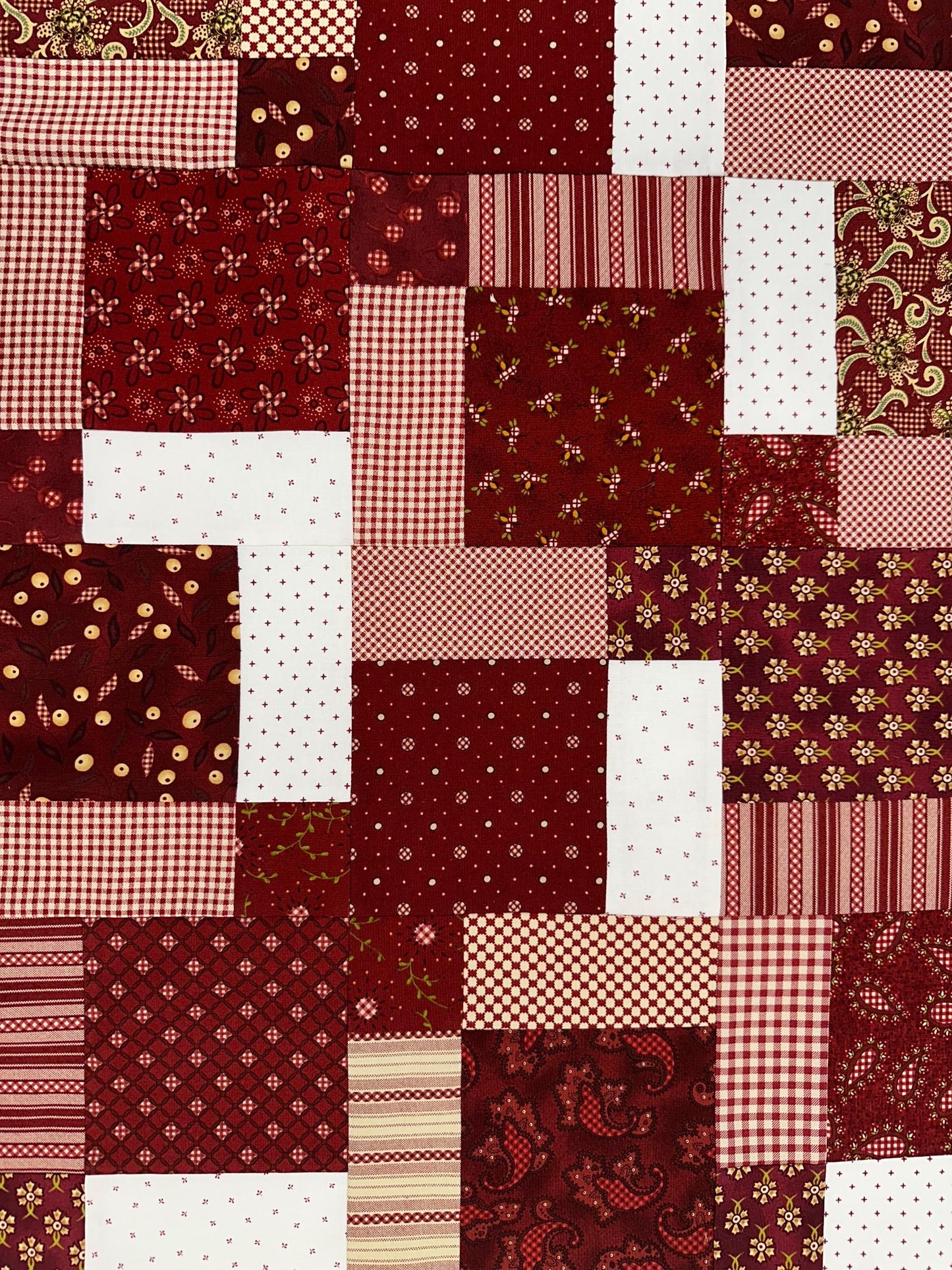 Handmade Garnets & Gingham Quilt Top  33" x 45" Lap / Crib Size  Kim Diehl Fabric