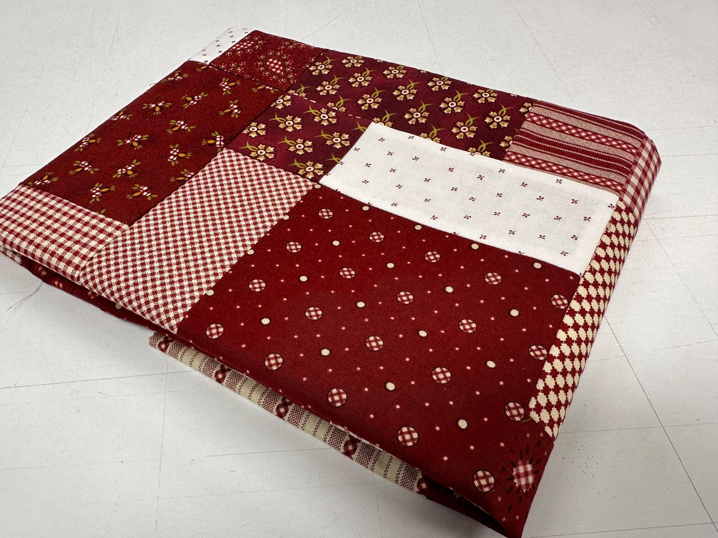 Handmade Garnets & Gingham Quilt Top  33" x 45" Lap / Crib Size  Kim Diehl Fabric