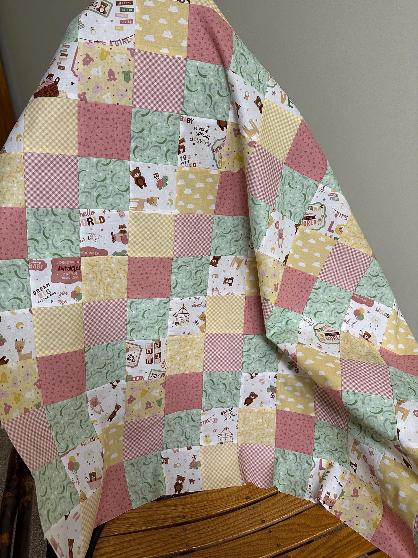 Handmade Baby Girl Quilt Top  Unfinished Patchwork Nursery Quilt  36" x 45"