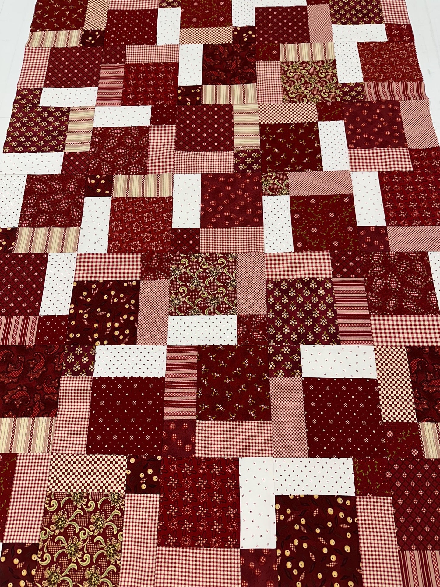 Handmade Garnets & Gingham Quilt Top  33" x 45" Lap / Crib Size  Kim Diehl Fabric