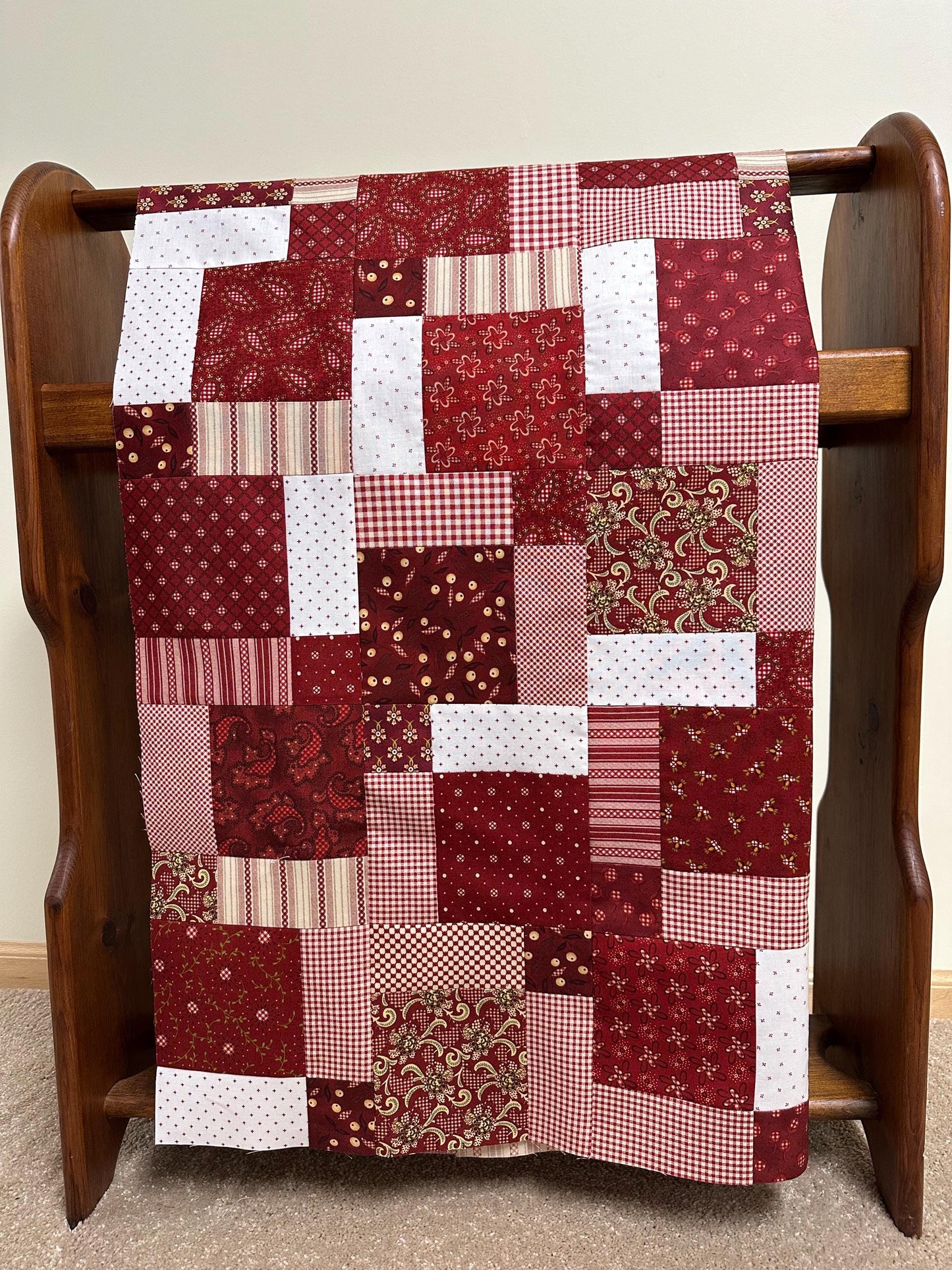 Handmade Garnets & Gingham Quilt Top  33" x 45" Lap / Crib Size  Kim Diehl Fabric