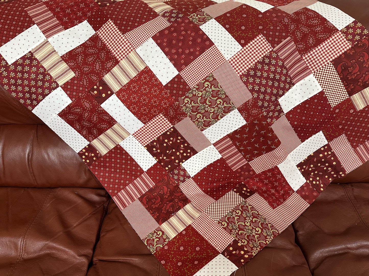 Handmade Garnets & Gingham Quilt Top  33" x 45" Lap / Crib Size  Kim Diehl Fabric
