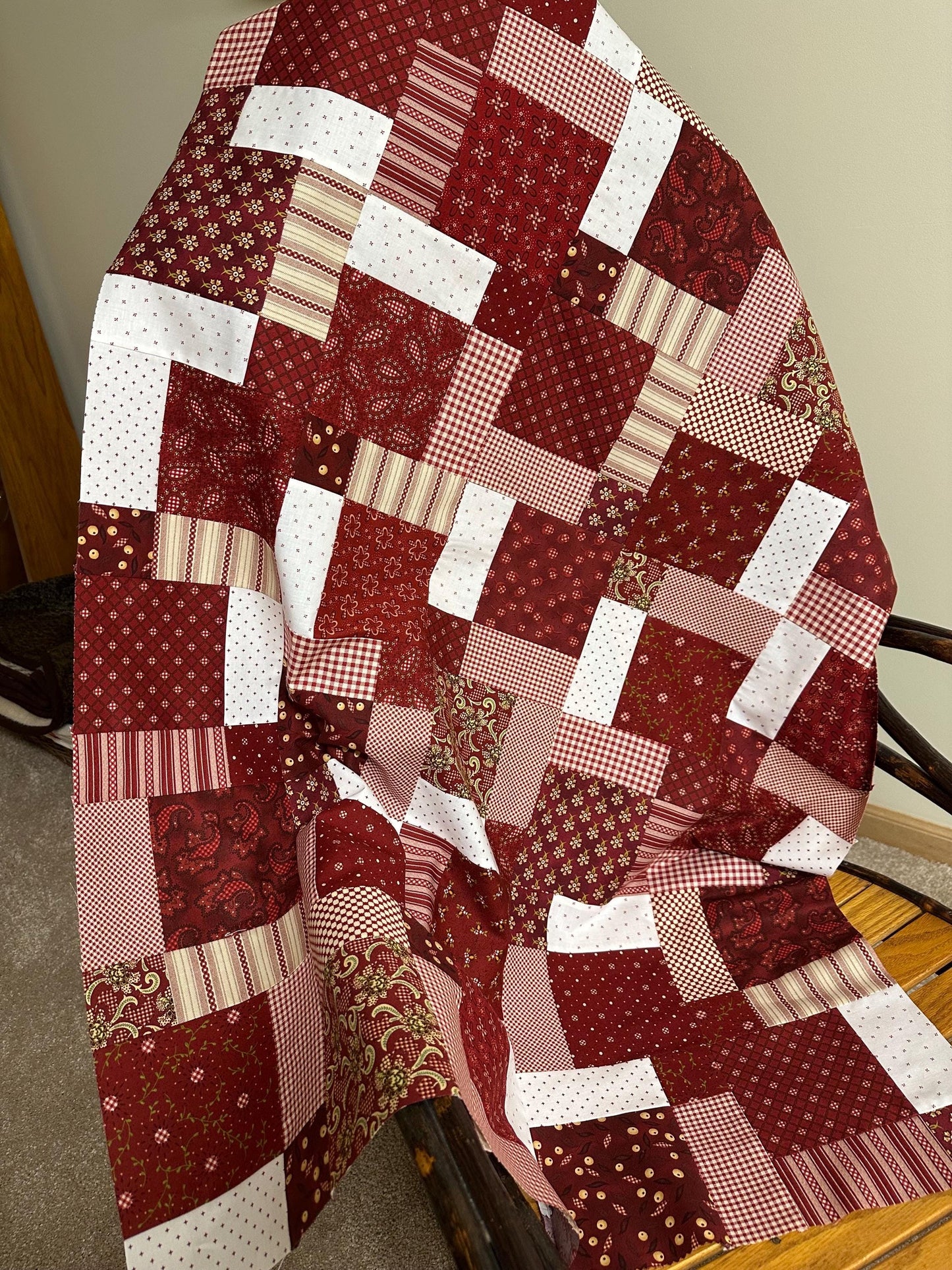 Handmade Garnets & Gingham Quilt Top  33" x 45" Lap / Crib Size  Kim Diehl Fabric