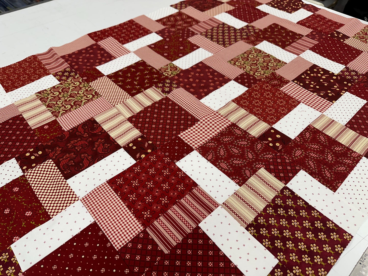 Handmade Garnets & Gingham Quilt Top  33" x 45" Lap / Crib Size  Kim Diehl Fabric