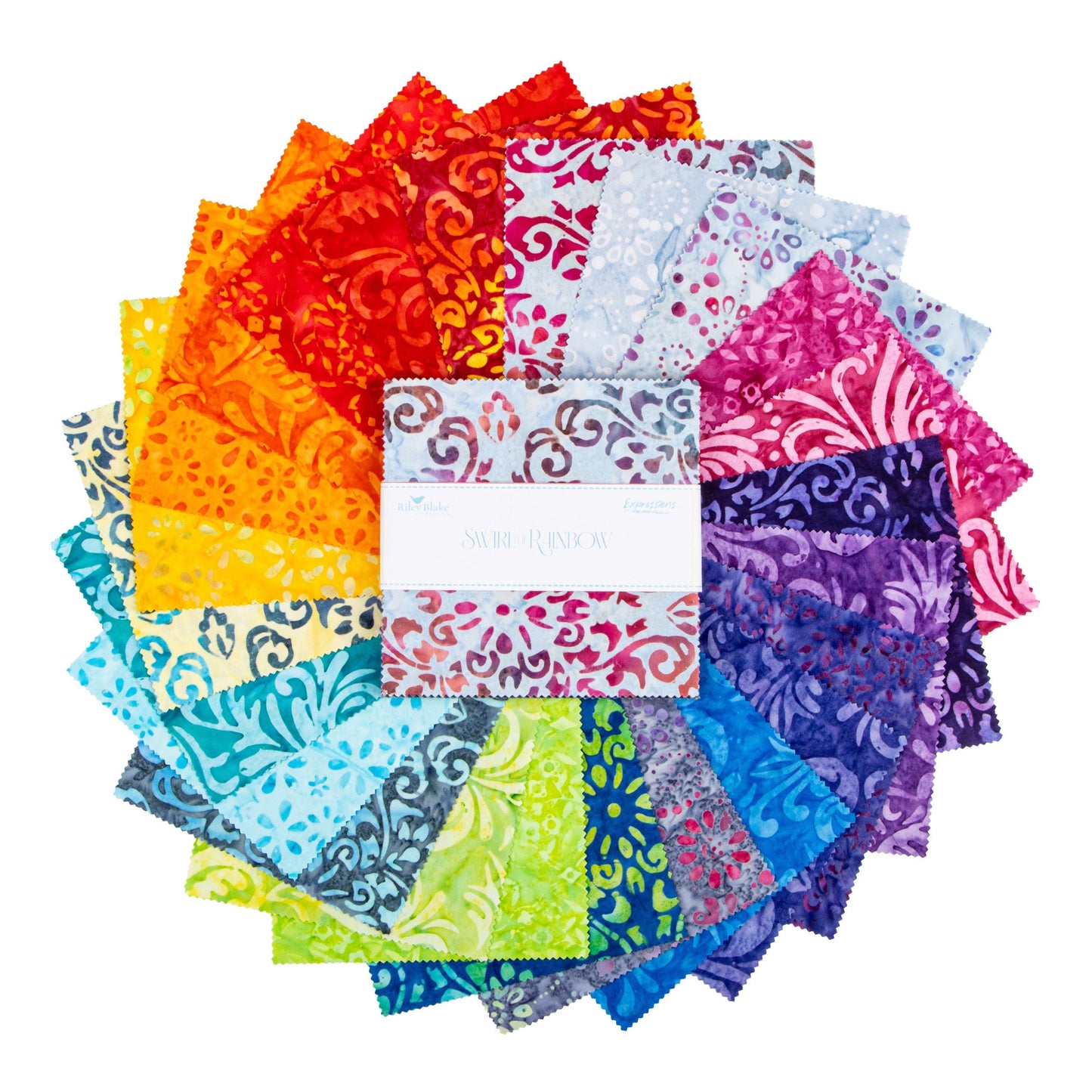 Riley Blake Swirl the Rainbow Batik 5" Precut Cotton Fabric Squares, 42Pcs. Multi-Color Stacker