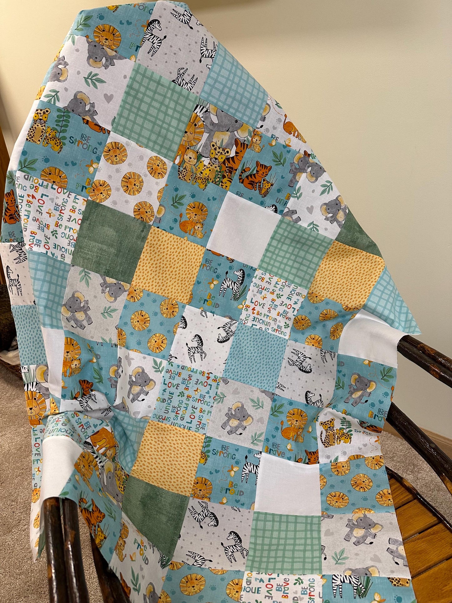 Safari Snuggles Handmade Baby Quilt Top, Nursery, 36" x 45", Gender Neutral