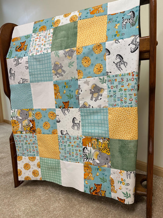 Safari Snuggles Handmade Baby Quilt Top, Nursery, 36" x 45", Gender Neutral