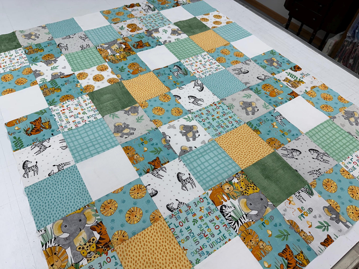 Safari Snuggles Handmade Baby Quilt Top, Nursery, 36" x 45", Gender Neutral