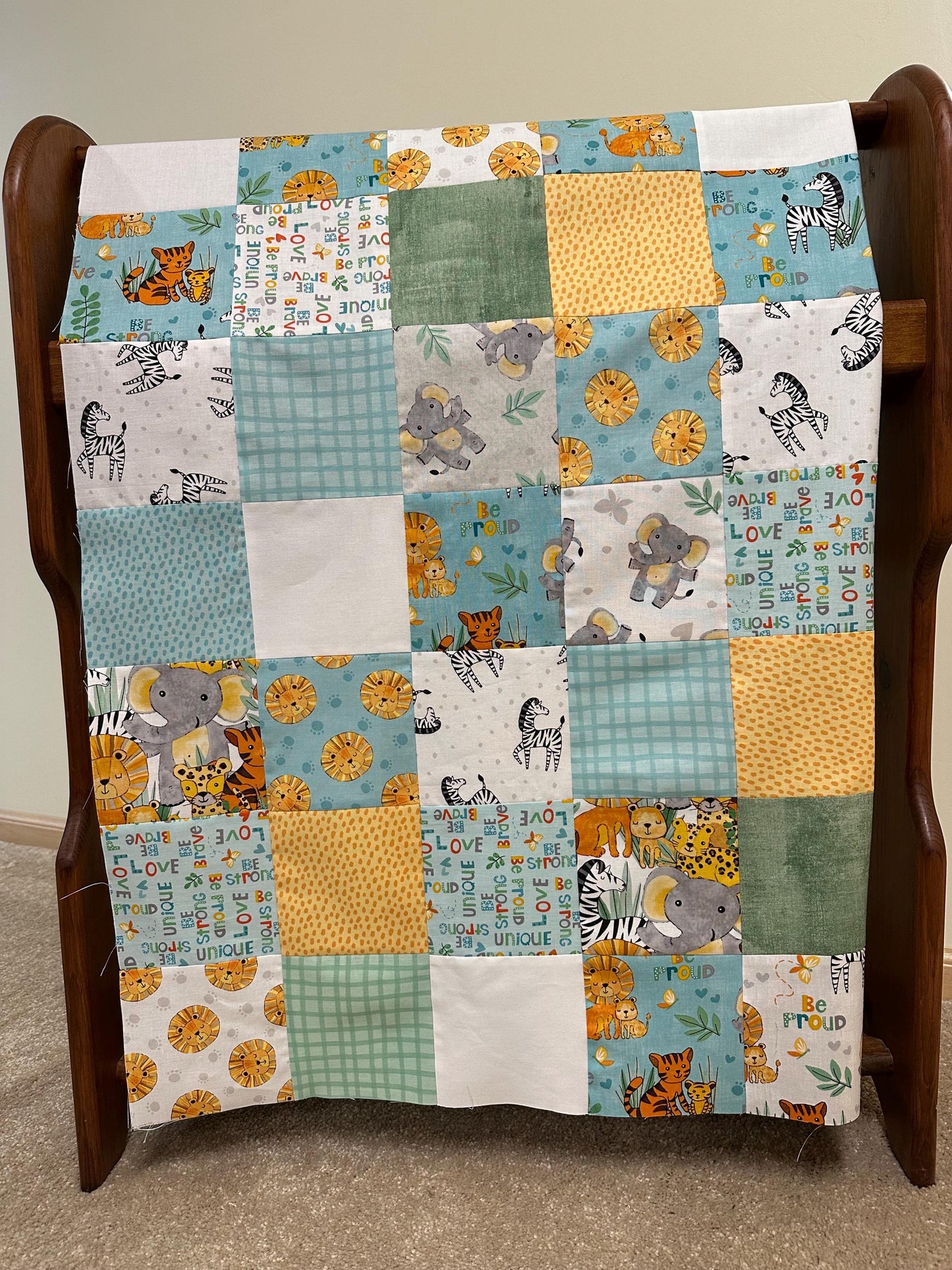 Safari Snuggles Handmade Baby Quilt Top, Nursery, 36" x 45", Gender Neutral