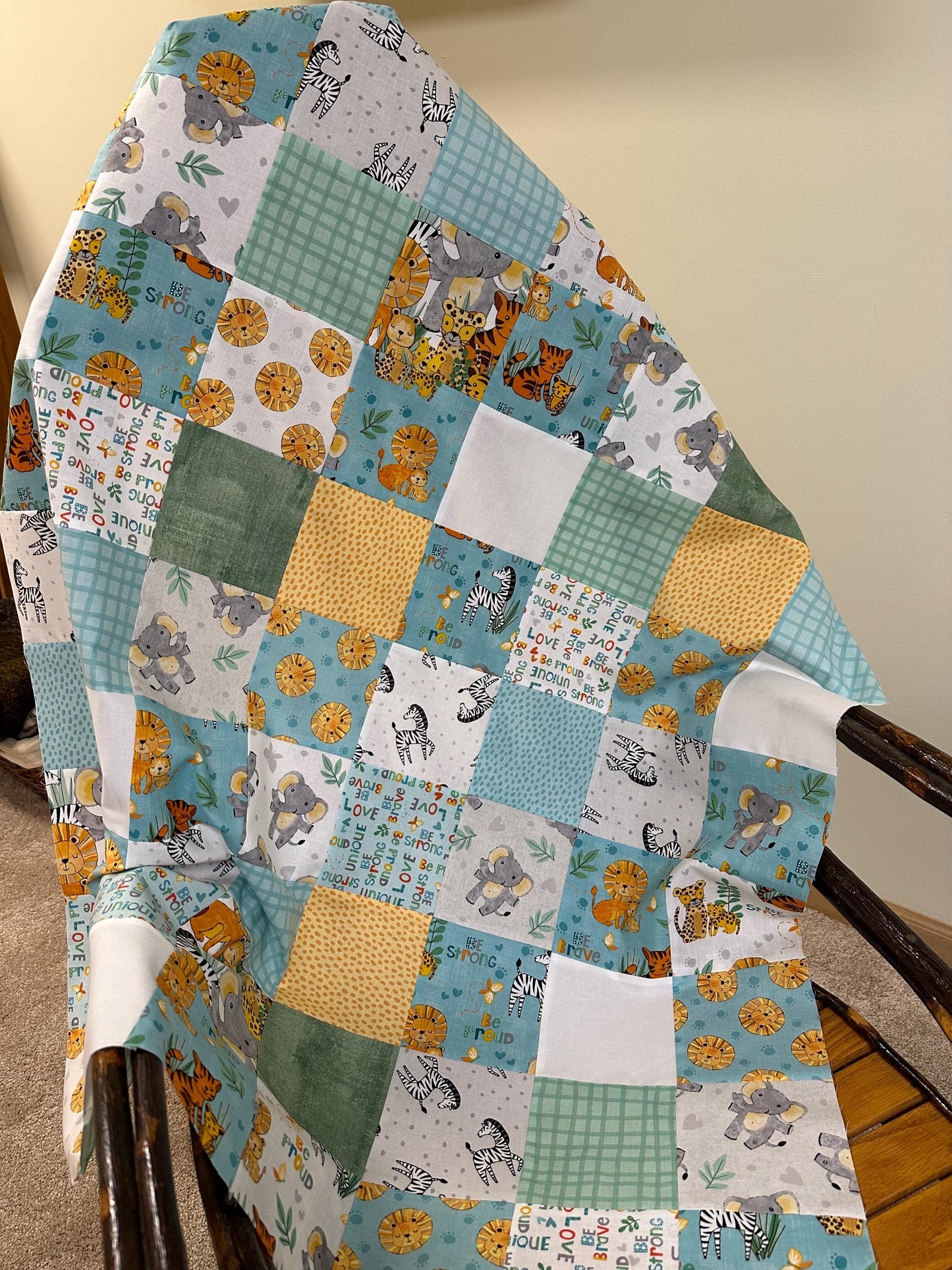 Safari Snuggles Handmade Baby Quilt Top, Nursery, 36" x 45", Gender Neutral
