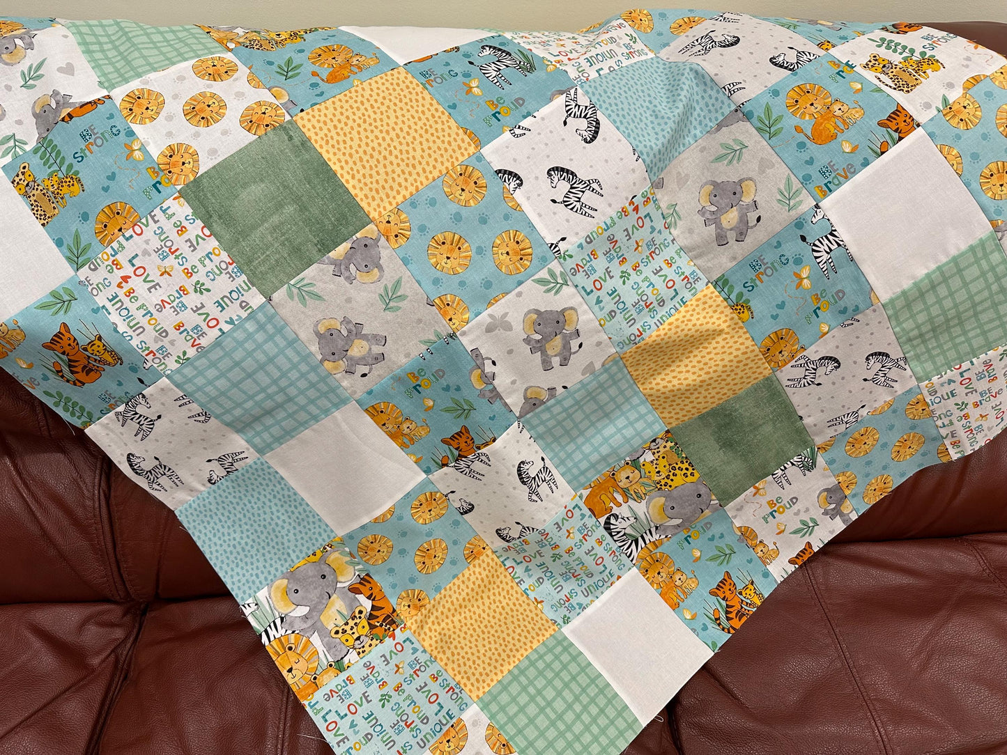 Safari Snuggles Handmade Baby Quilt Top, Nursery, 36" x 45", Gender Neutral