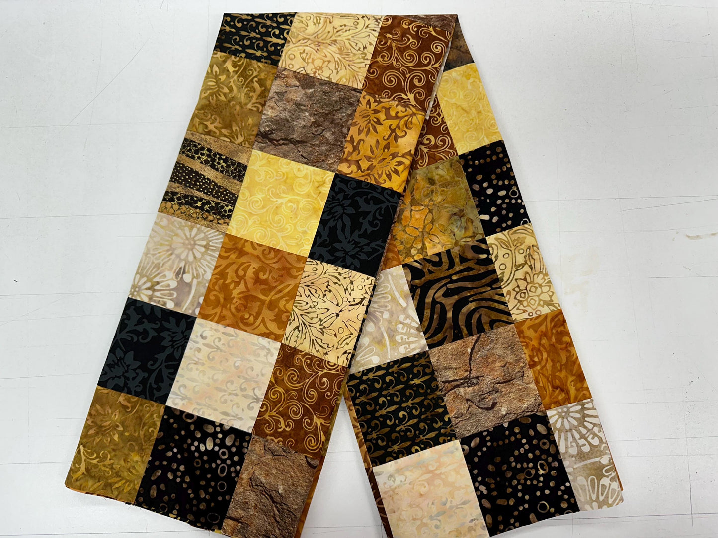 Handmade Batik Quilt Top in Black Brown Gold Patchwork, Lap Size, 36" x 45"