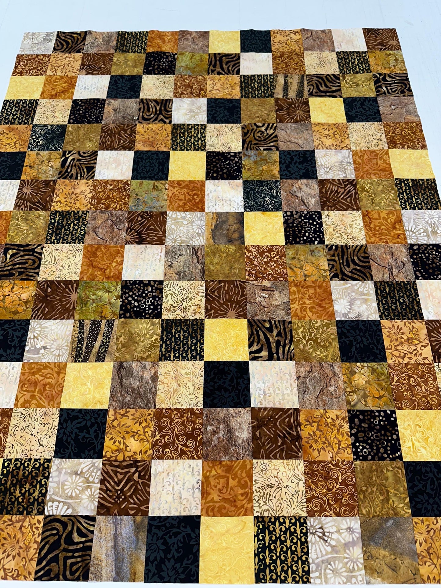Handmade Batik Quilt Top in Black Brown Gold Patchwork, Lap Size, 36" x 45"