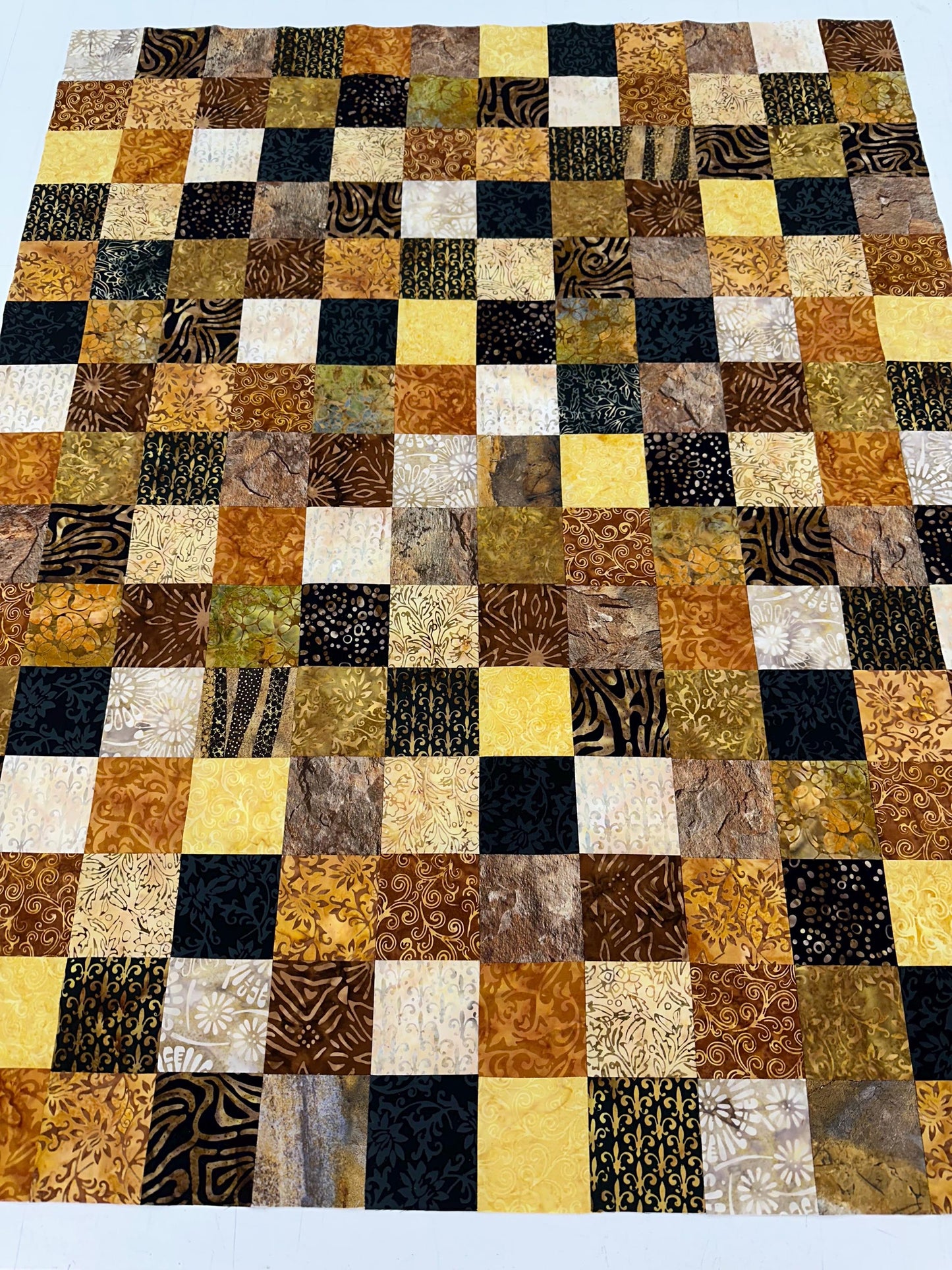 Handmade Batik Quilt Top in Black Brown Gold Patchwork, Lap Size, 36" x 45"