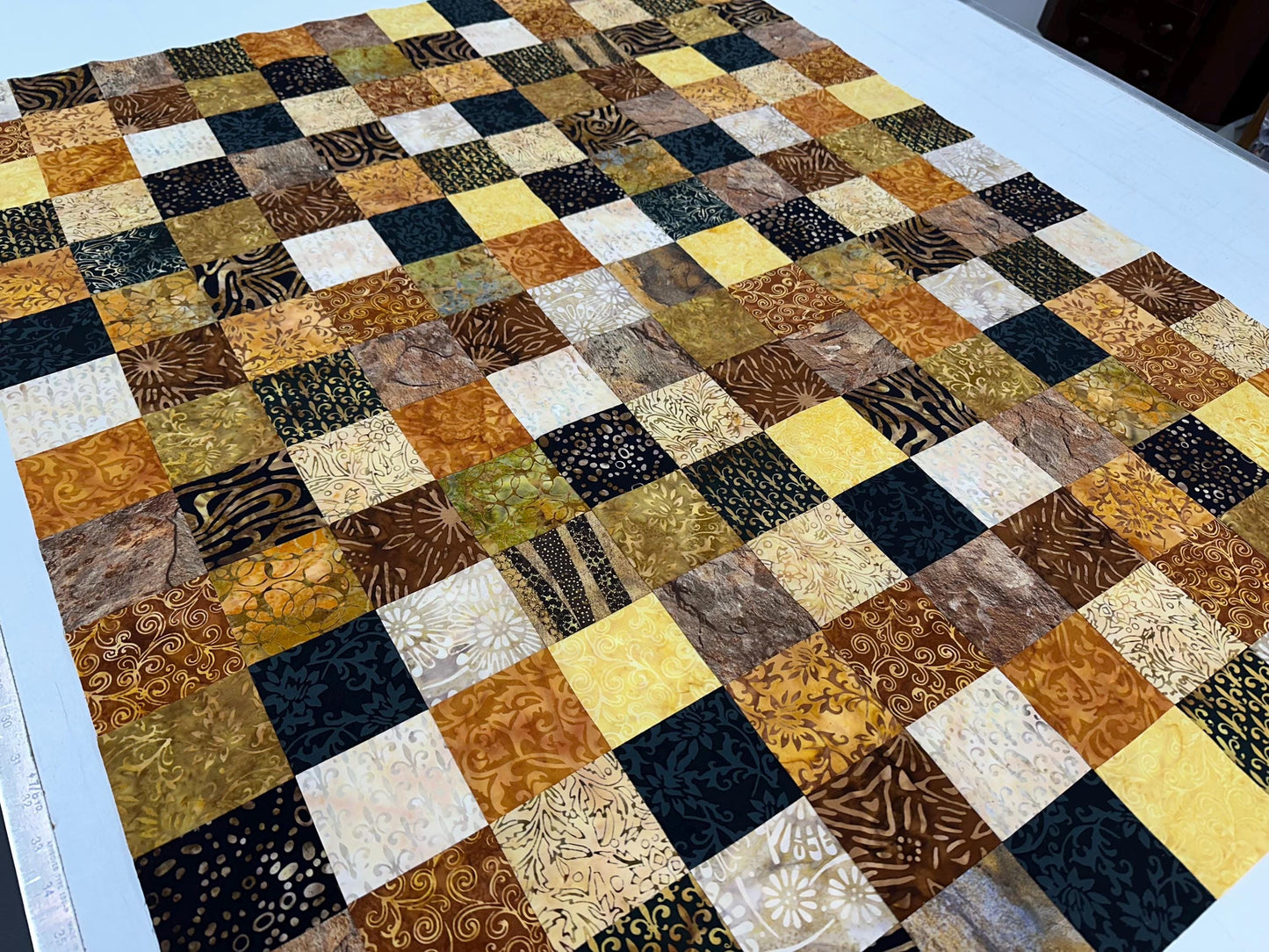 Handmade Batik Quilt Top in Black Brown Gold Patchwork, Lap Size, 36" x 45"