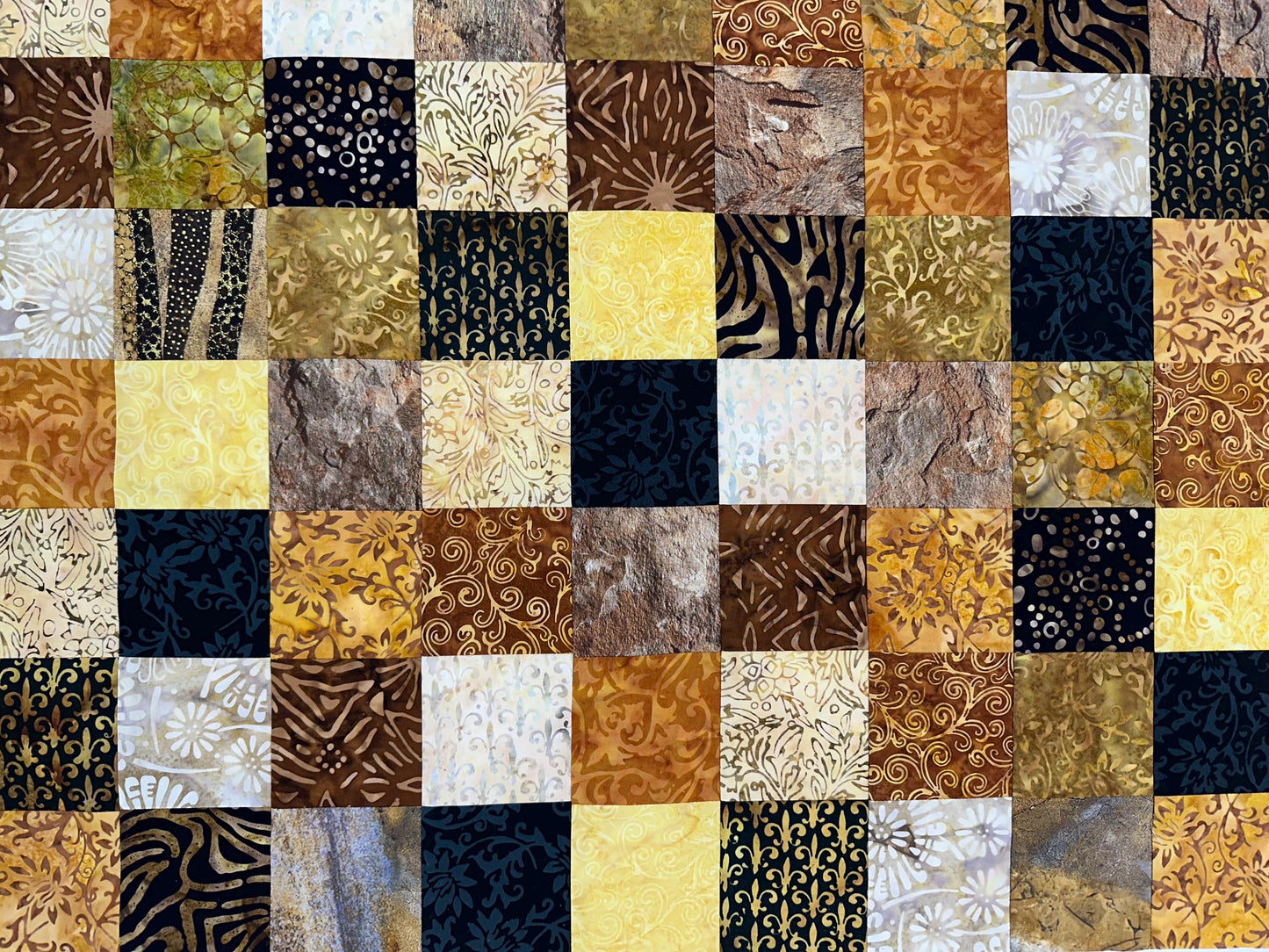 Handmade Batik Quilt Top in Black Brown Gold Patchwork, Lap Size, 36" x 45"