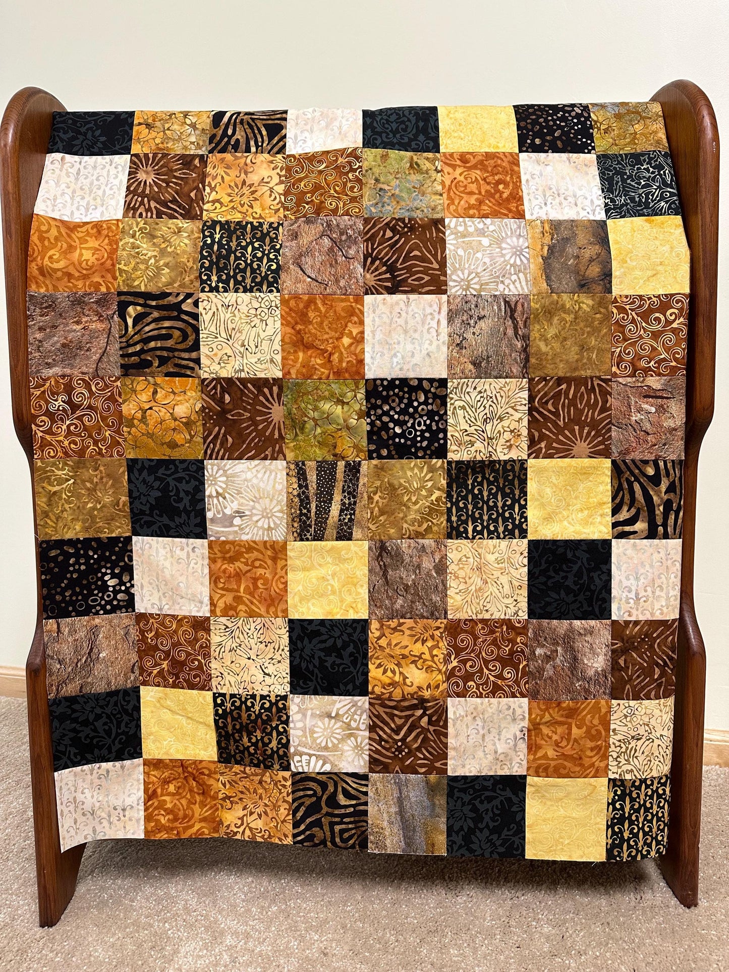 Handmade Batik Quilt Top in Black Brown Gold Patchwork, Lap Size, 36" x 45"