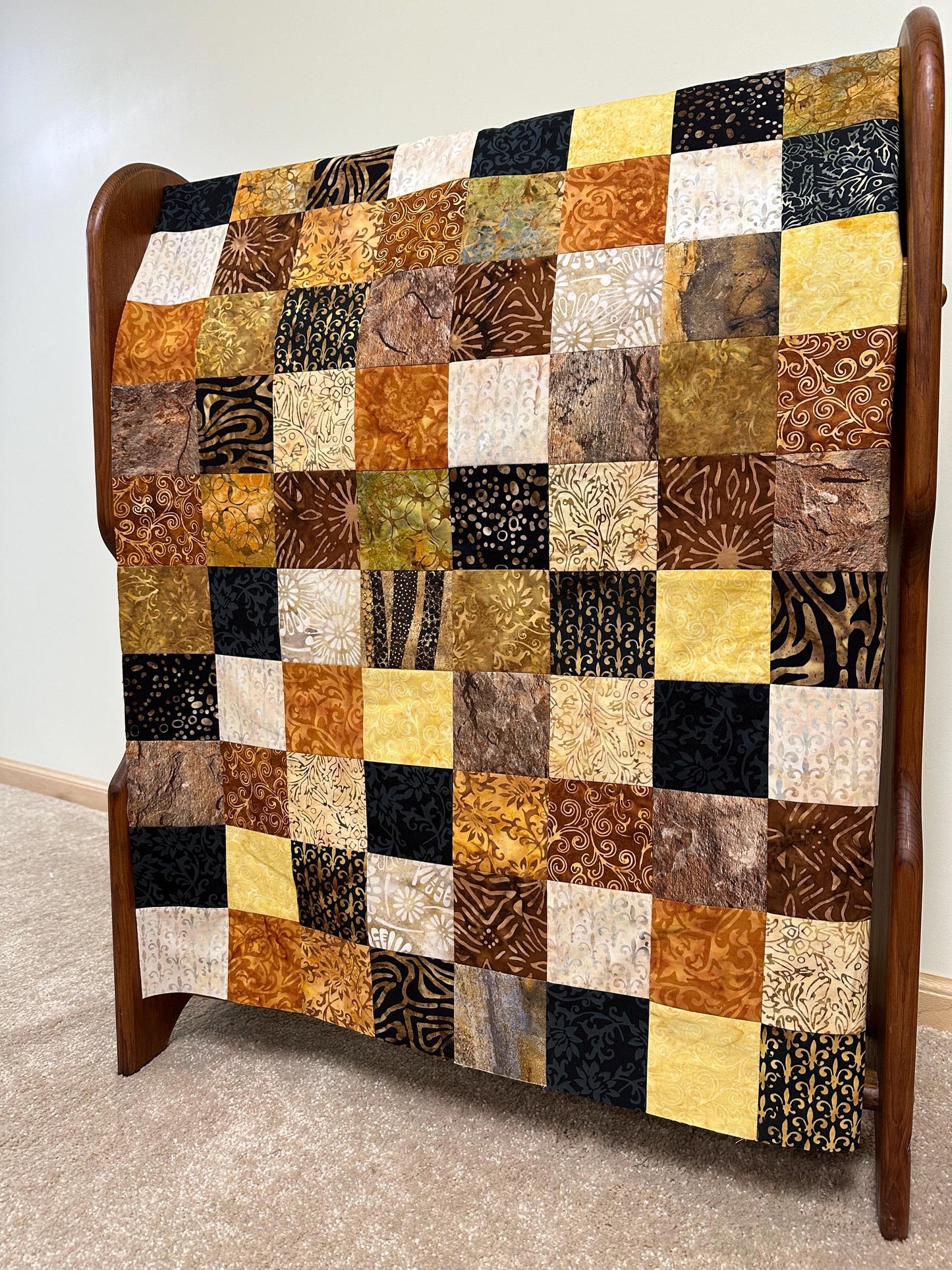 Handmade Batik Quilt Top in Black Brown Gold Patchwork, Lap Size, 36" x 45"