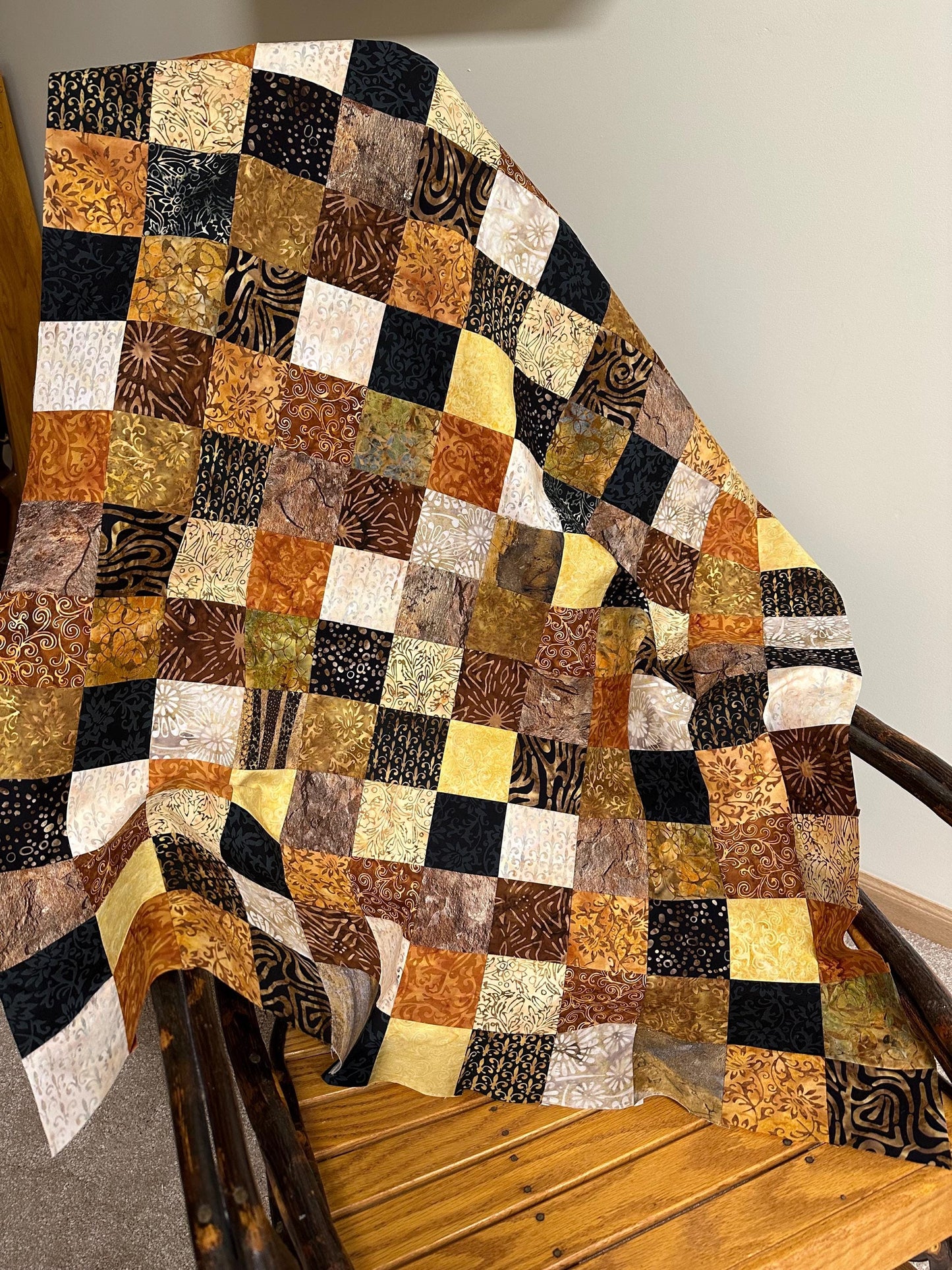 Handmade Batik Quilt Top in Black Brown Gold Patchwork, Lap Size, 36" x 45"