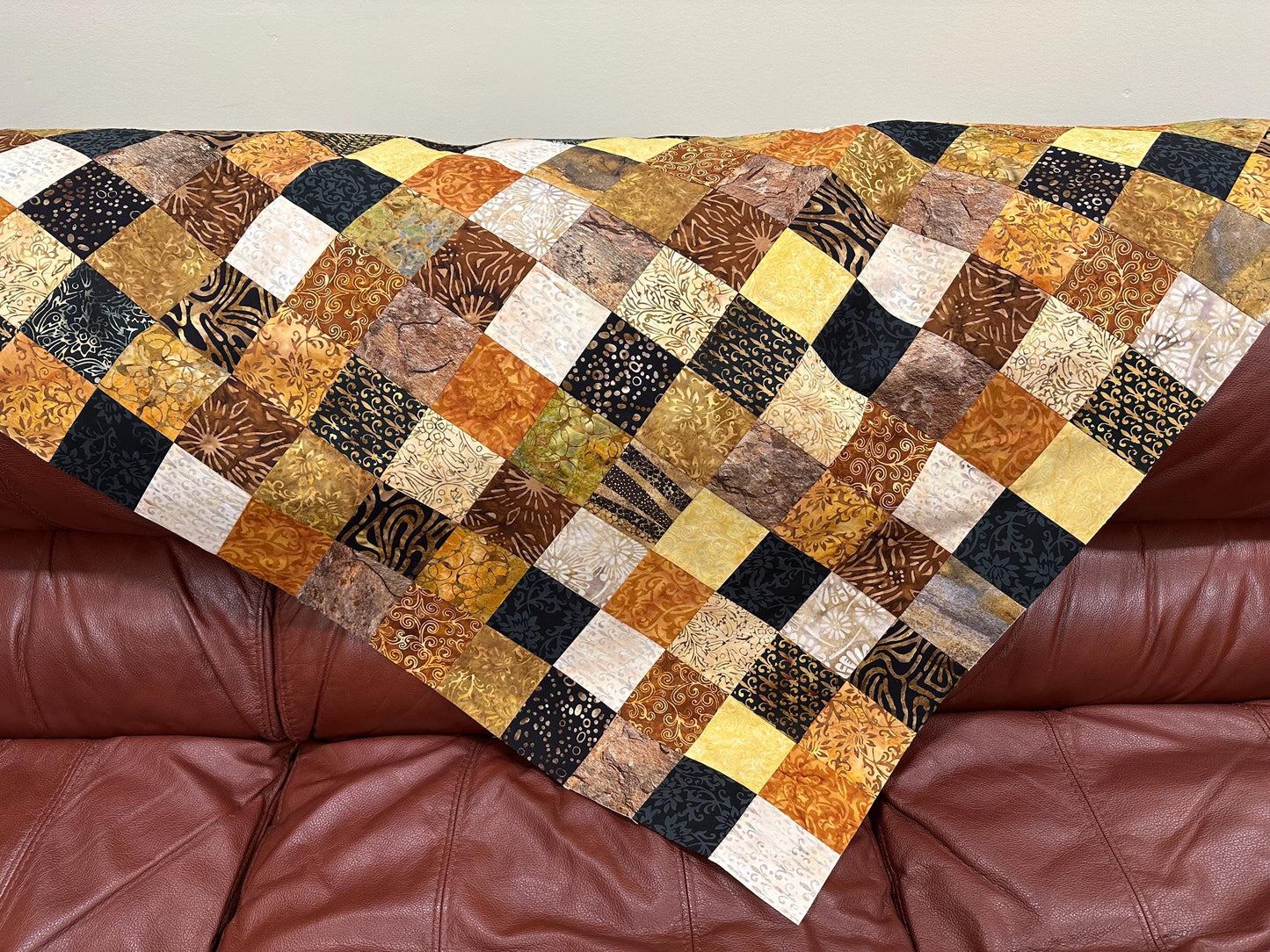 Handmade Batik Quilt Top in Black Brown Gold Patchwork, Lap Size, 36" x 45"