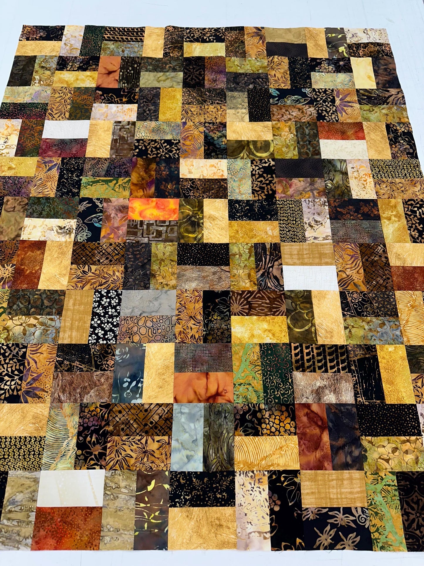Handmade Batik Quilt Top in Black Brown Gold Patchwork, Lap Size, 36" x 44"